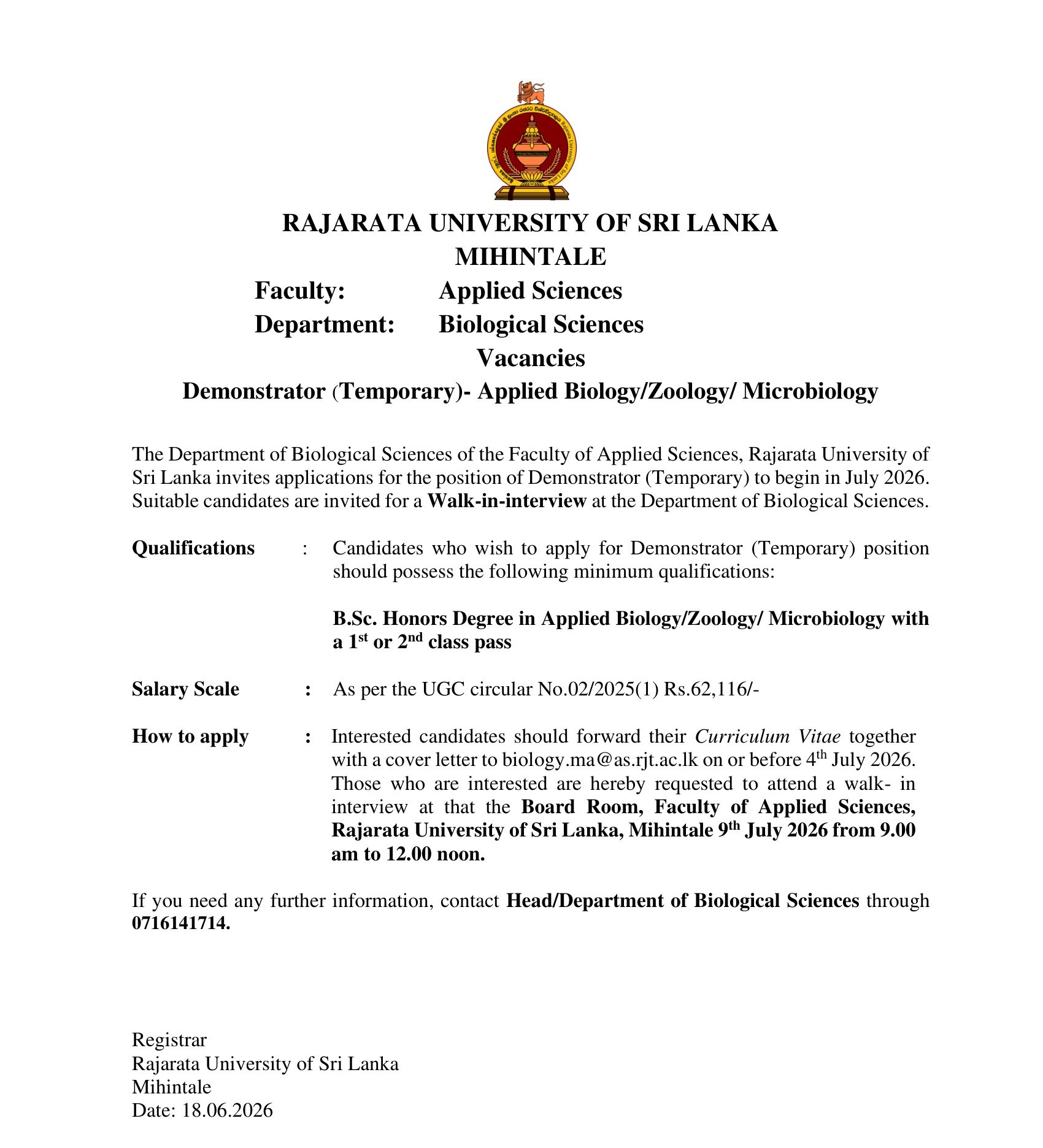 Demonstrator - Rajarata University of Sri Lanka