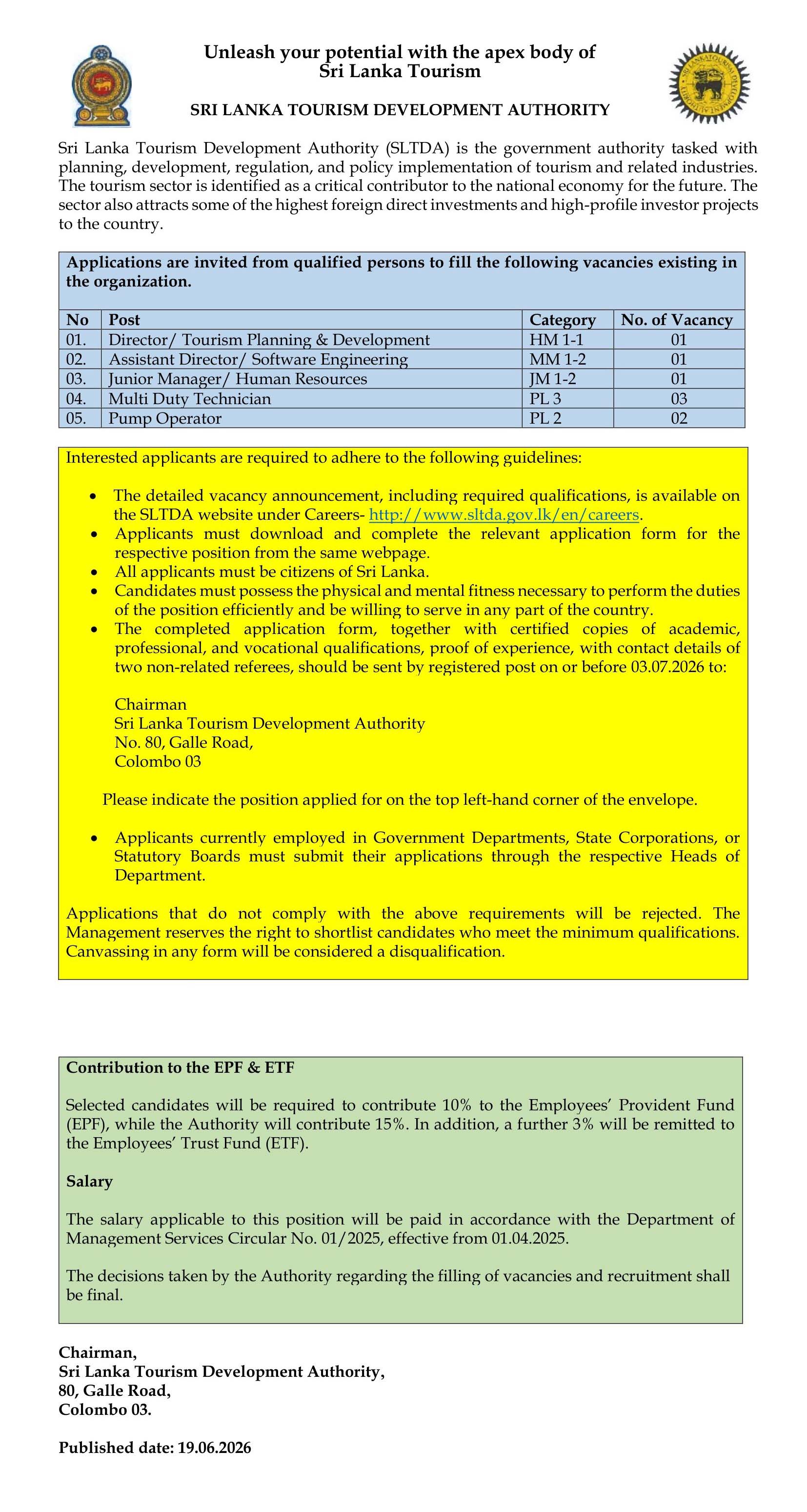 Director, Assistant Director, Junior Manager, Multi Duty Technician, Pump Operator - Sri Lanka Tourism Development Authority