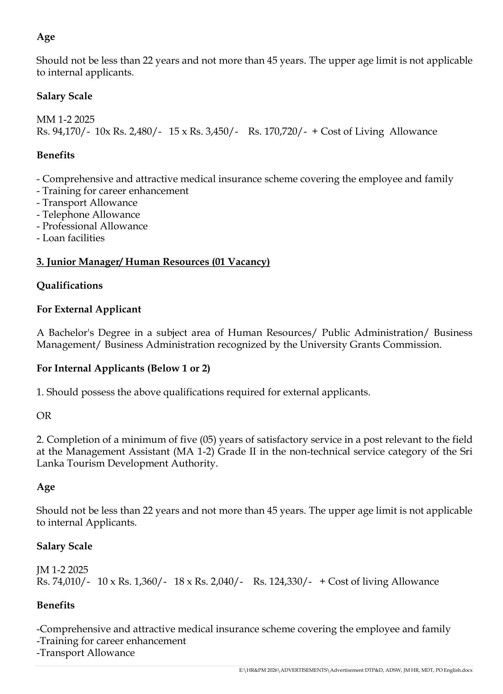 Director, Assistant Director, Junior Manager, Multi Duty Technician, Pump Operator - Sri Lanka Tourism Development Authority