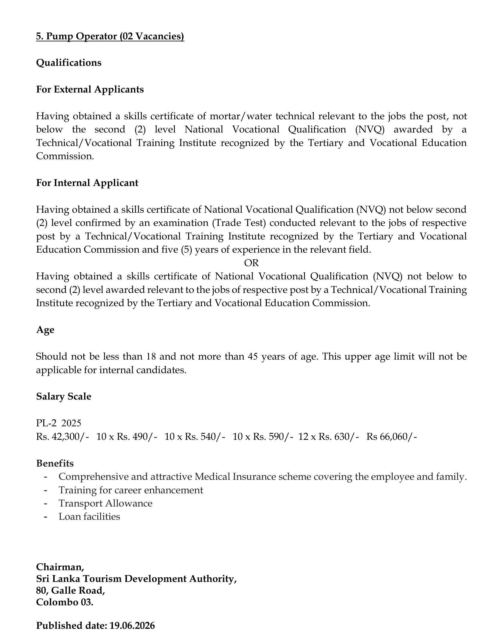 Director, Assistant Director, Junior Manager, Multi Duty Technician, Pump Operator - Sri Lanka Tourism Development Authority