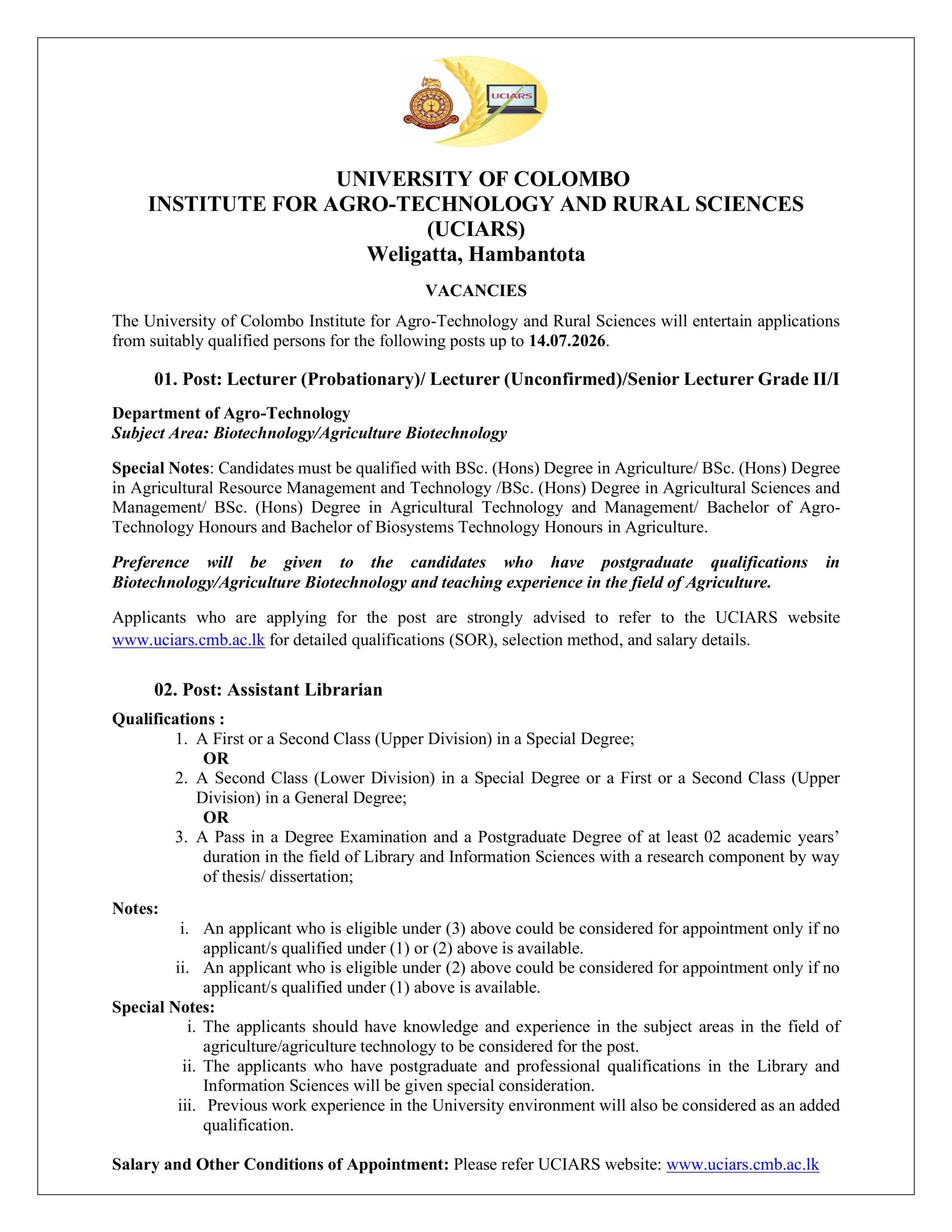 Assistant Librarian, Lecturer, Senior Lecturer - Institute for Agro Technology & Rural Sciences - University of Colombo