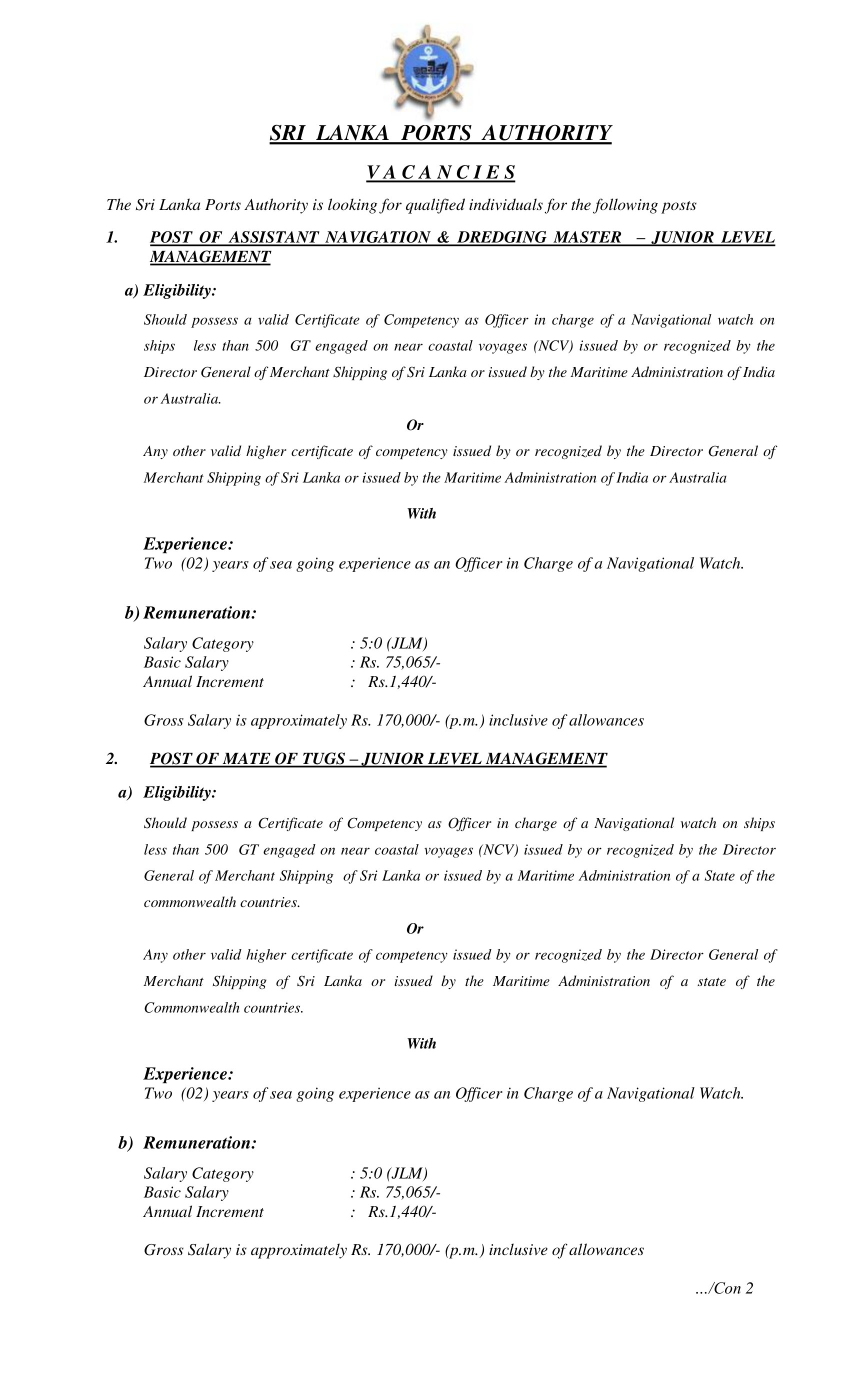 Assistant Navigation & Dredging Master, Mate of Tugs - Sri Lanka Ports Authority