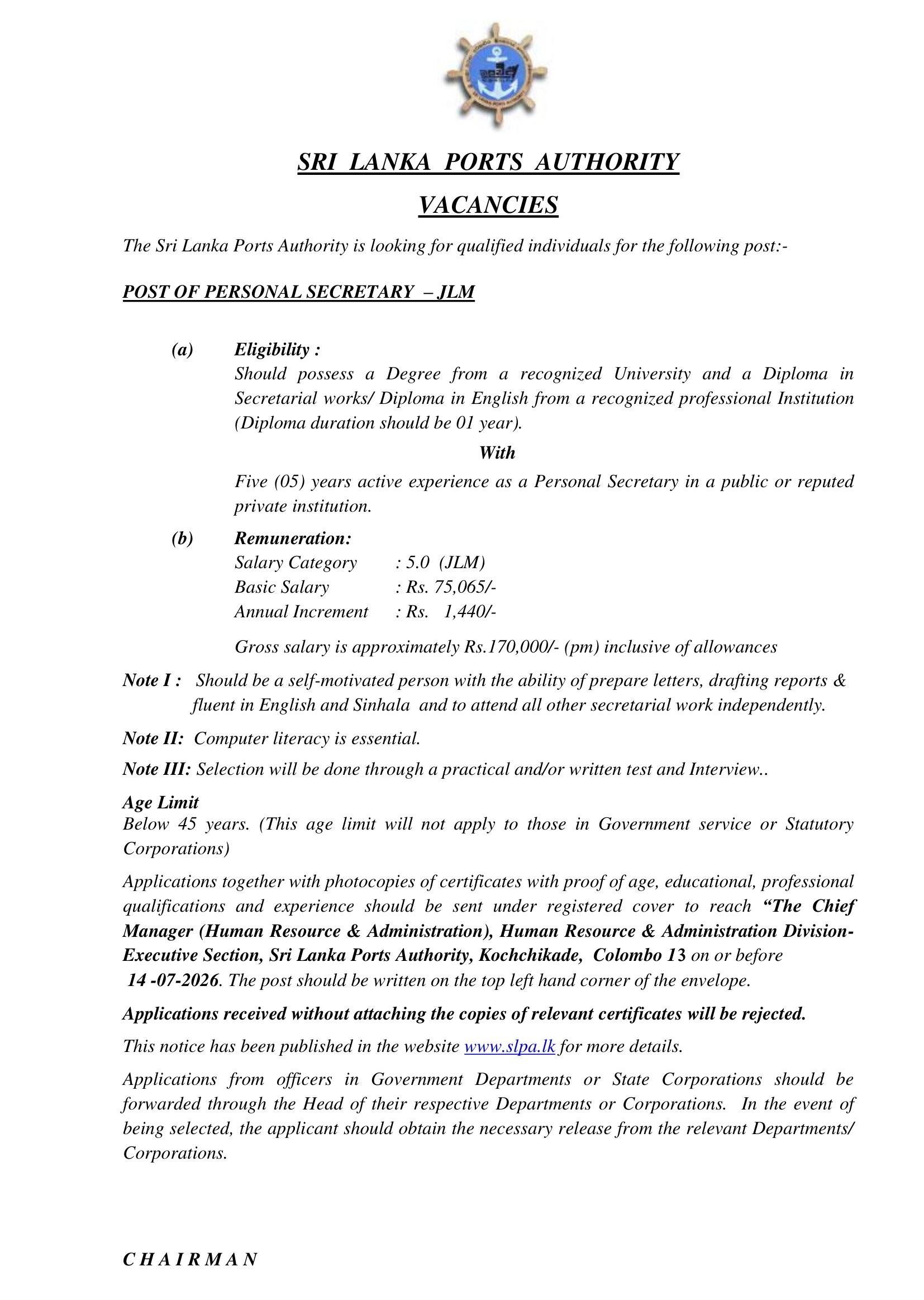 Personal Secretary - Sri Lanka Ports Authority