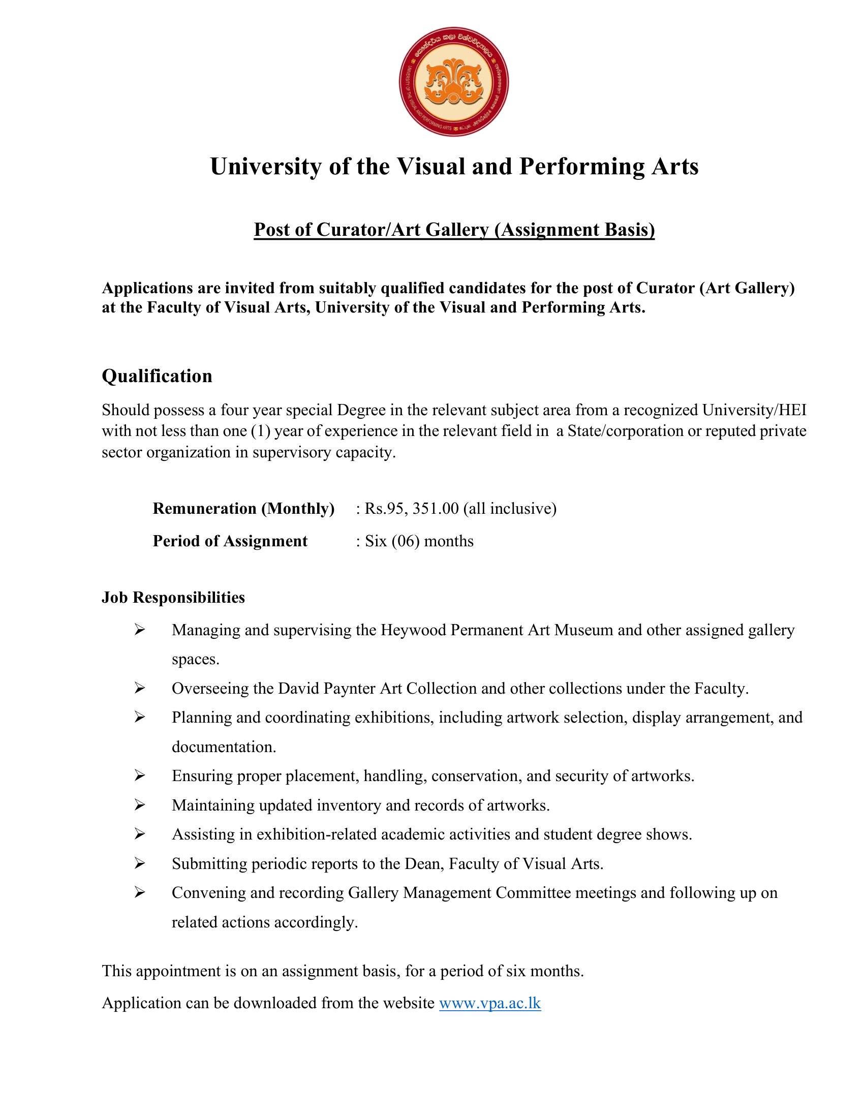 Curator (Art Gallery) - University of the Visual & Performing Arts