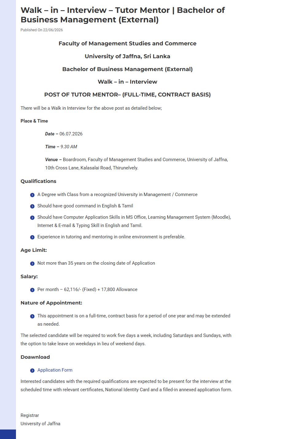 Tutor Mentor - University of Jaffna