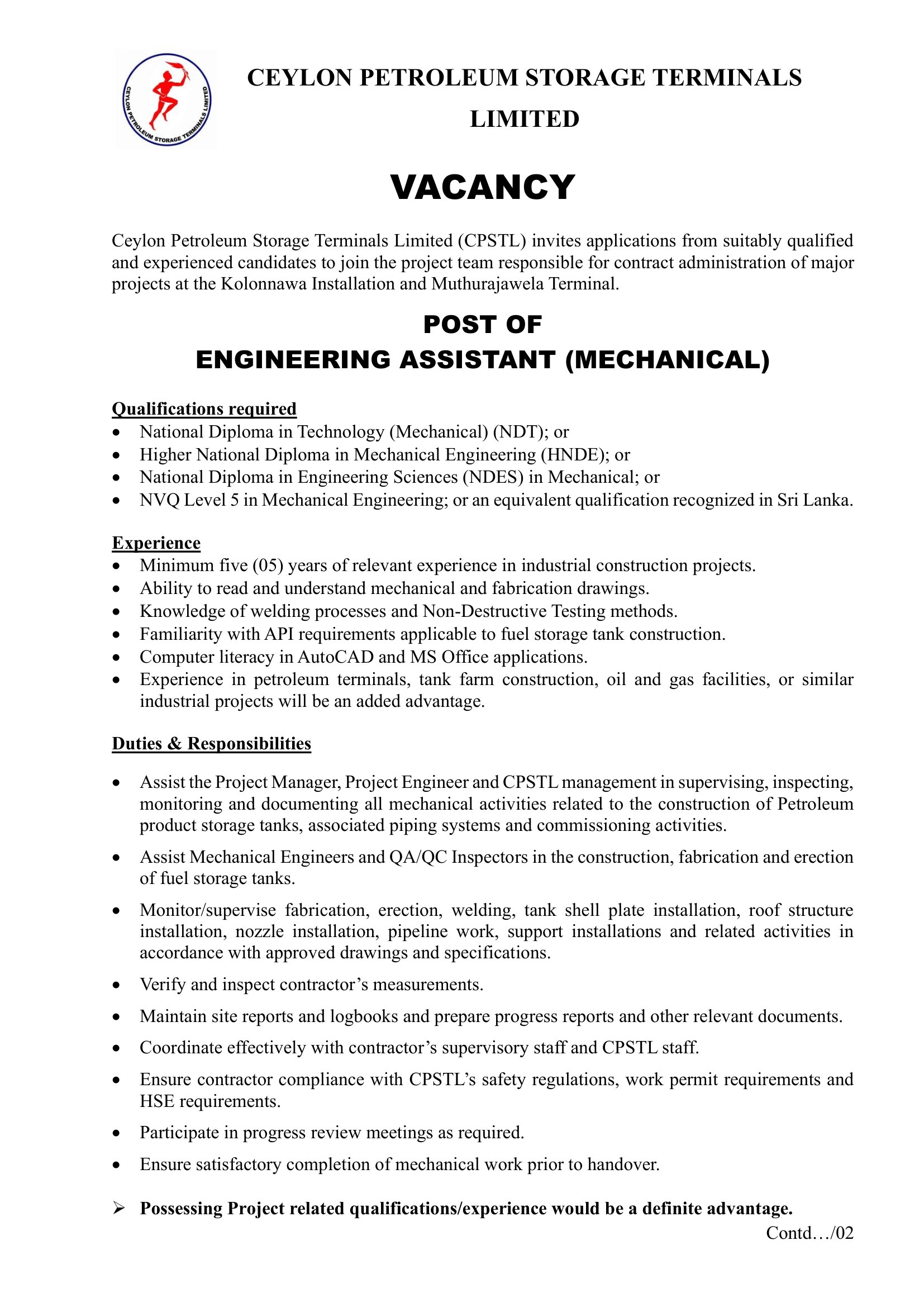 Engineering Assistant (Mechanical, Civil) - Ceylon Petroleum Storage Terminals Limited