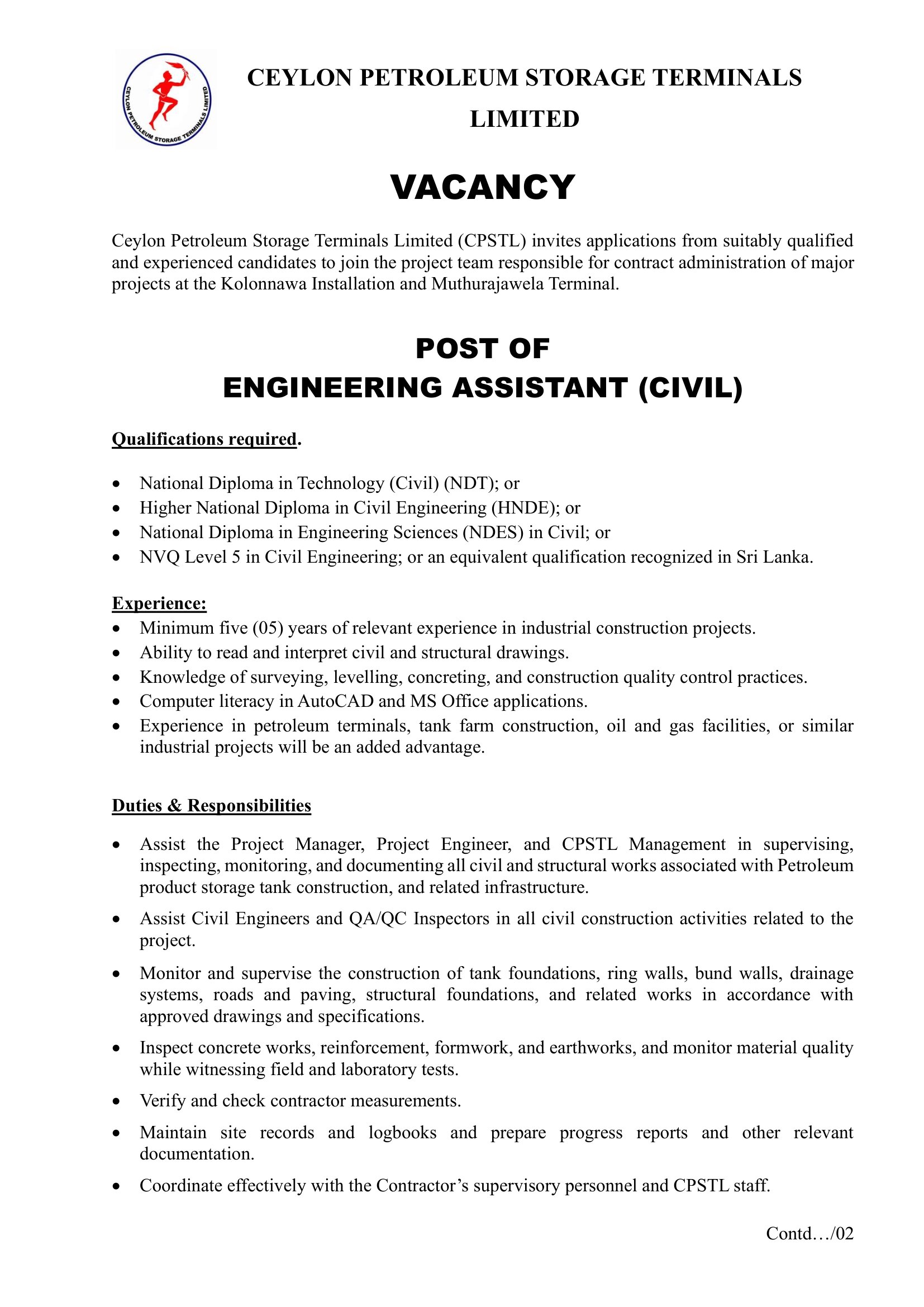 Engineering Assistant (Mechanical, Civil) - Ceylon Petroleum Storage Terminals Limited