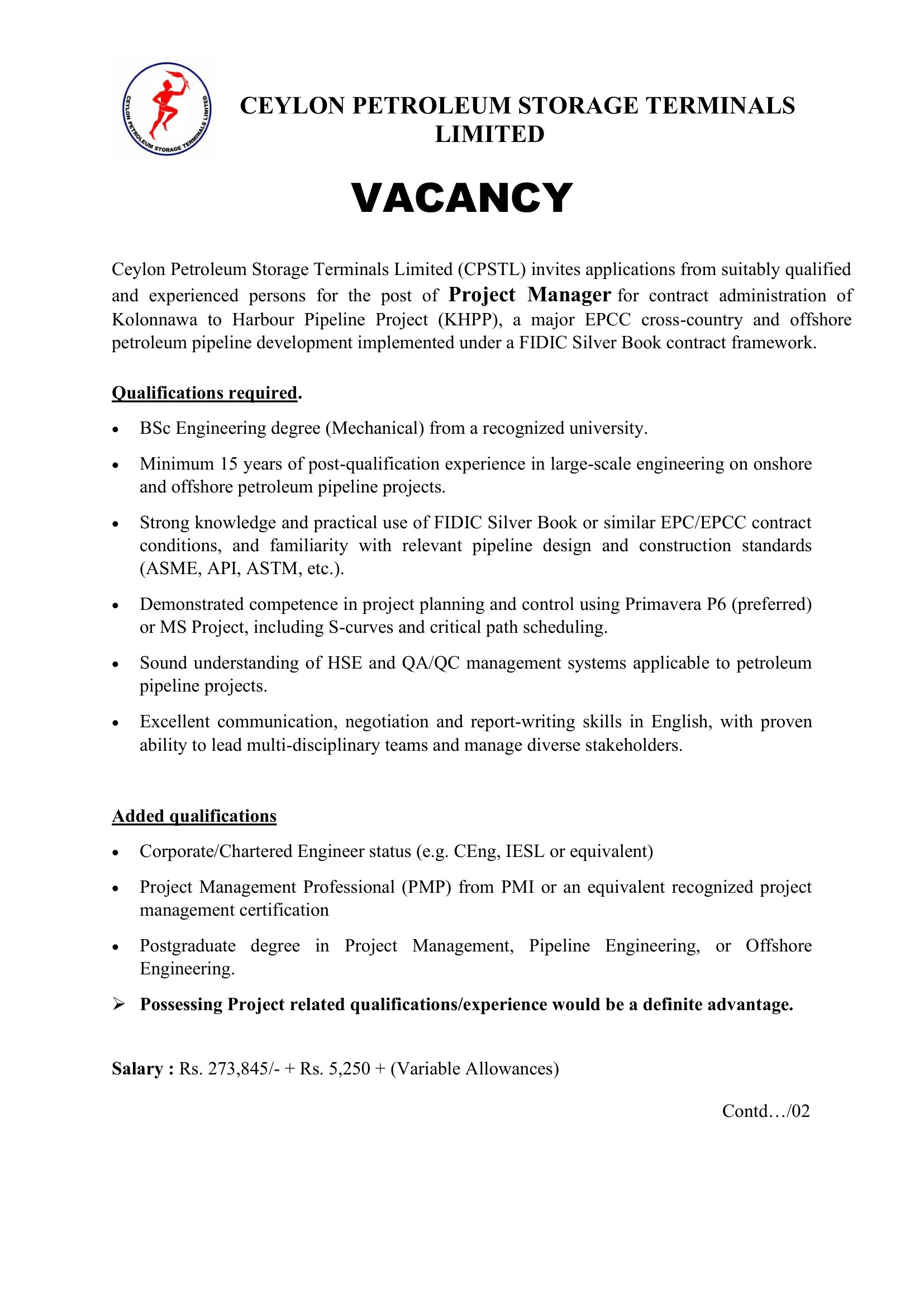Project Manager - Ceylon Petroleum Storage Terminals Limited