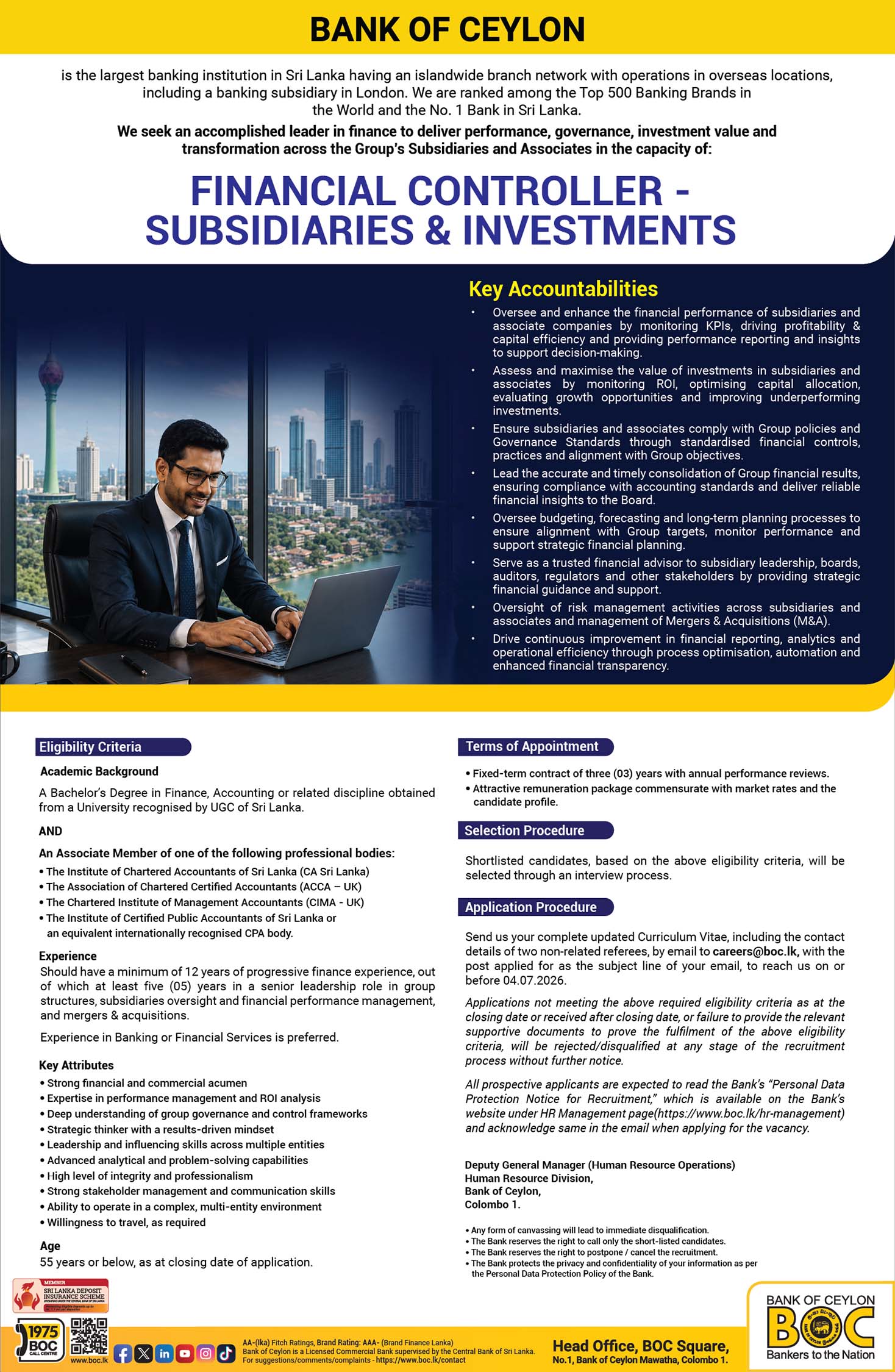Financial Controller, Deputy Chief Internal Auditor - Bank of Ceylon