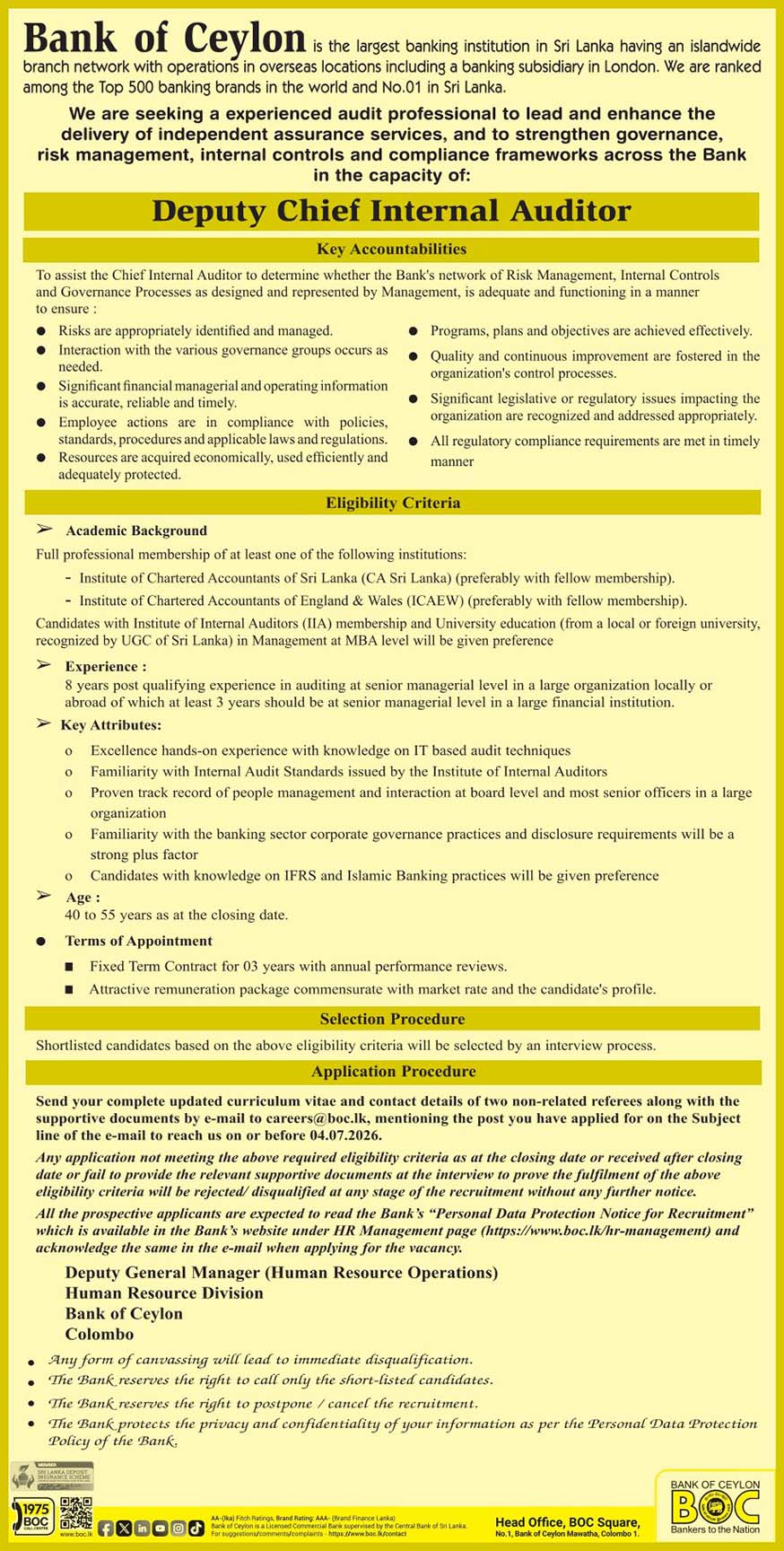 Financial Controller, Deputy Chief Internal Auditor - Bank of Ceylon