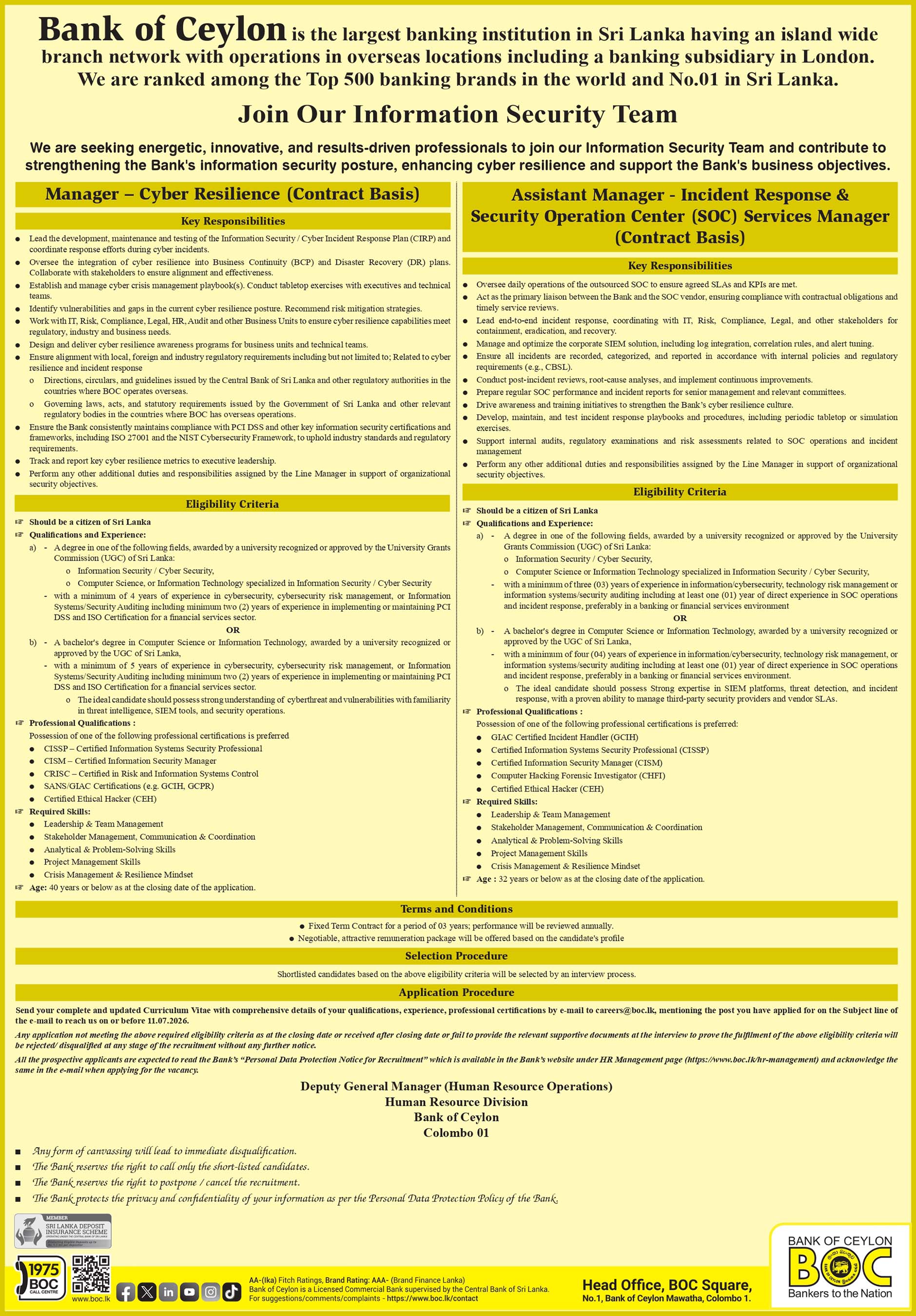 Manager, Assistant Manager, Information Security Analyst - Bank of Ceylon