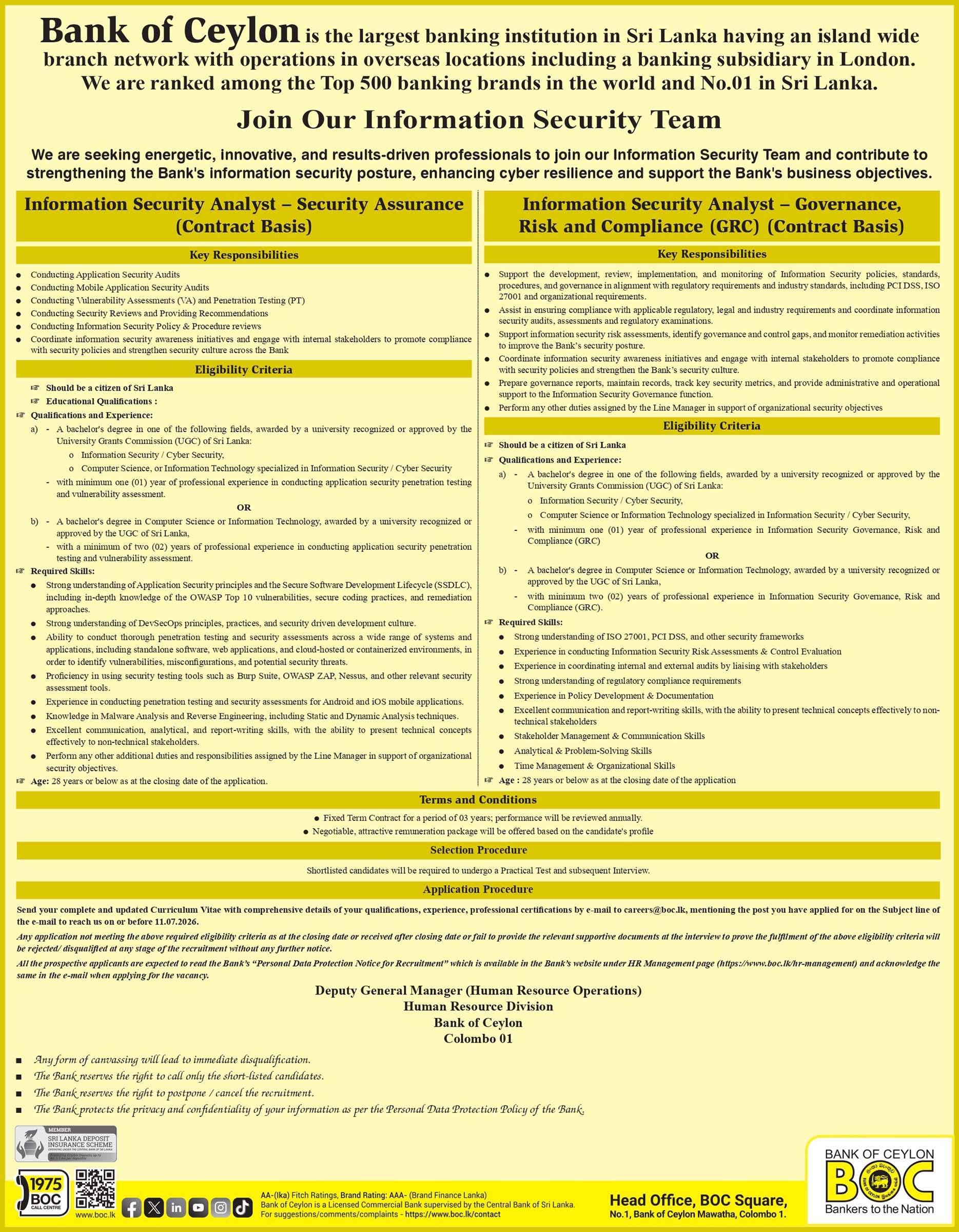 Manager, Assistant Manager, Information Security Analyst - Bank of Ceylon