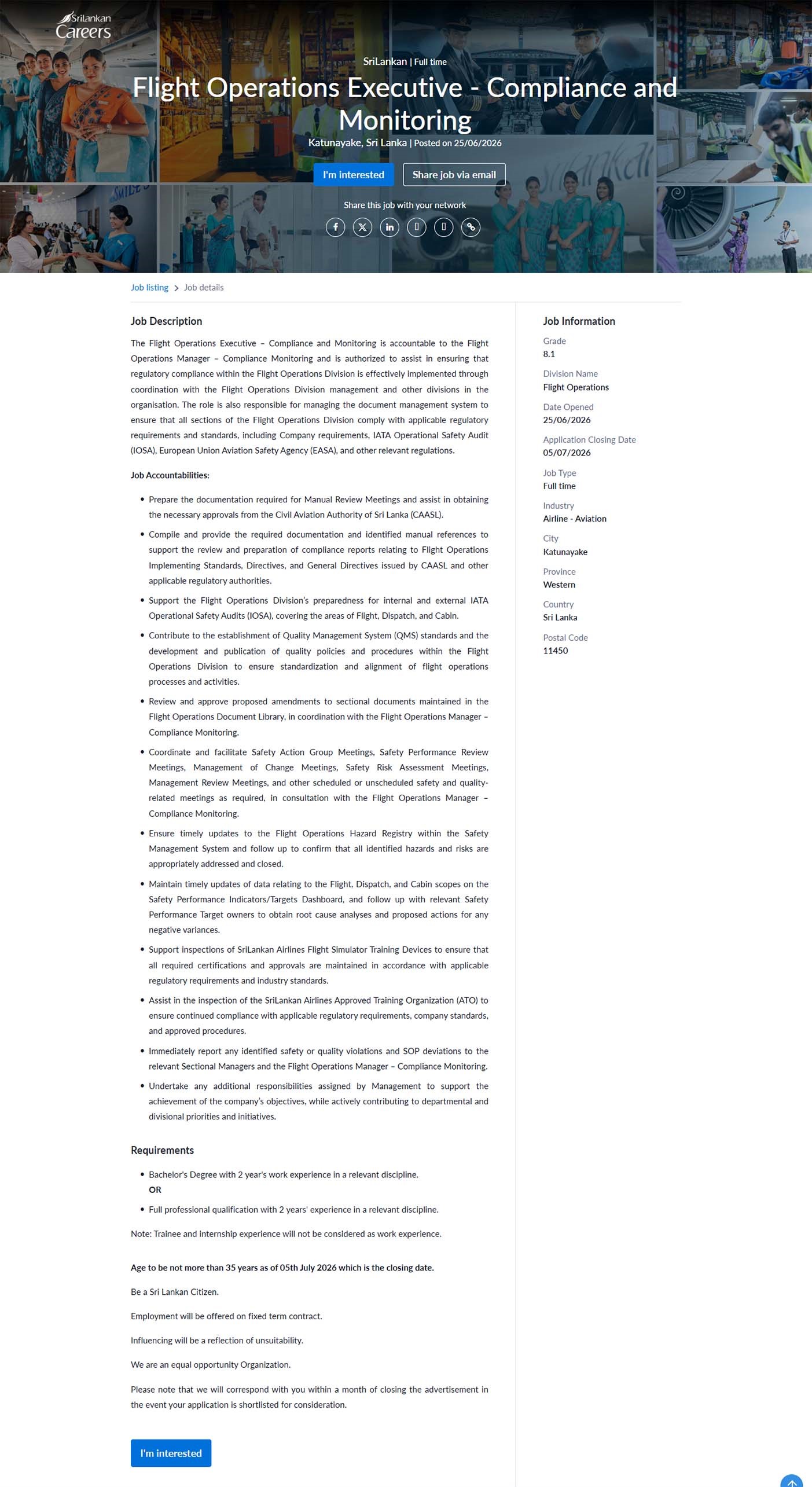 Flight Operations Executive (Compliance & Monitoring) - SriLankan Airlines Limited