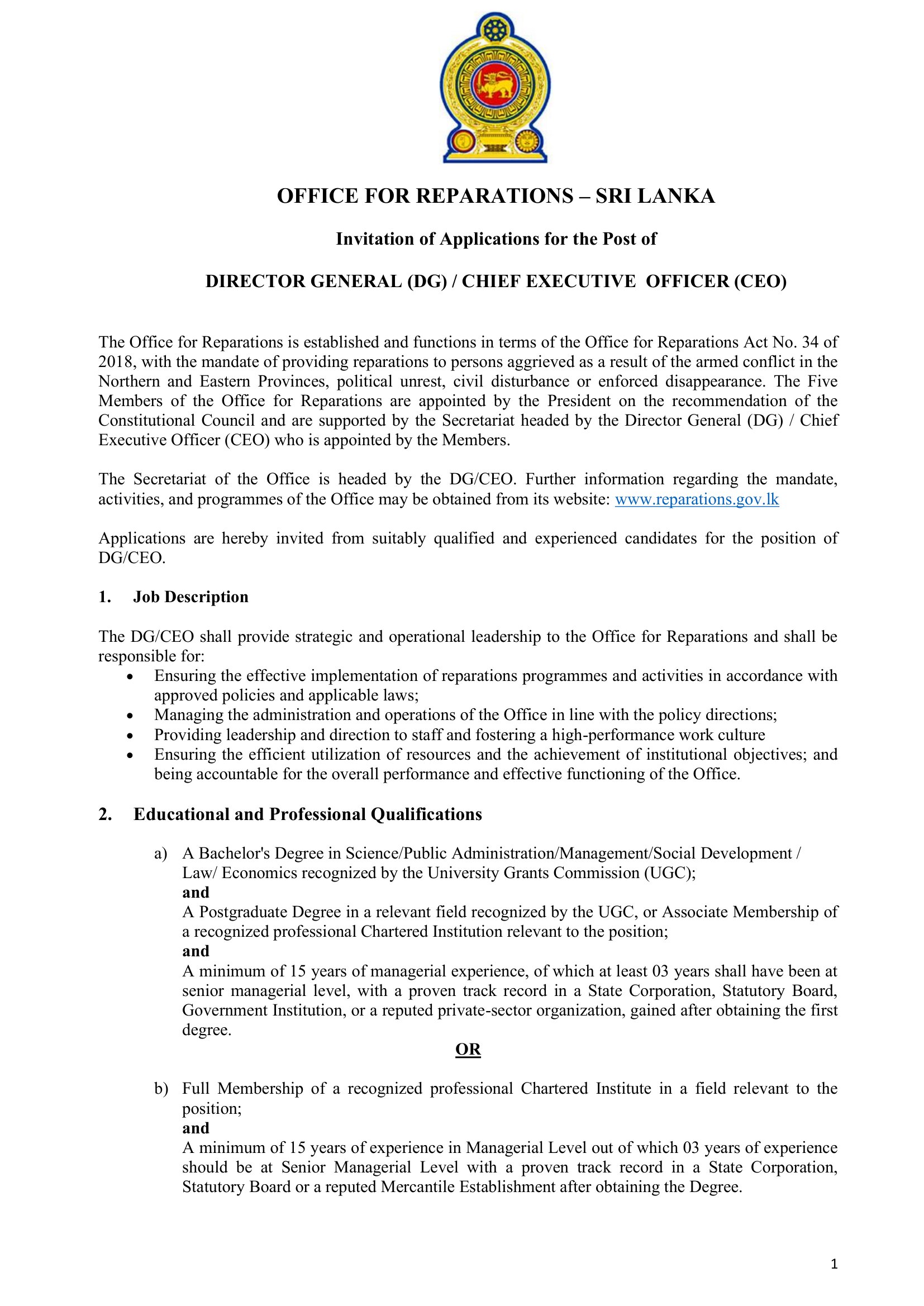 Director General (DG)/Chief Executive Officer (CEO) - Office for Reparations