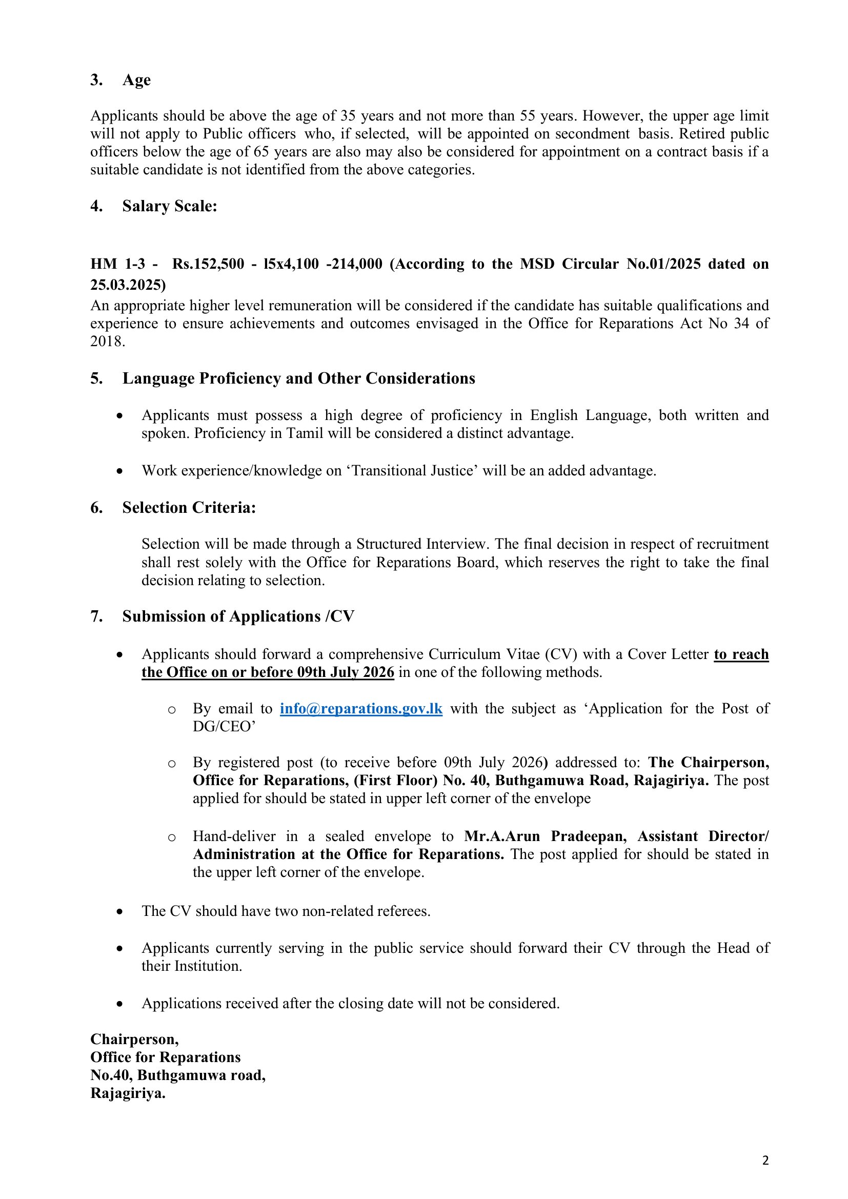 Director General (DG)/Chief Executive Officer (CEO) - Office for Reparations