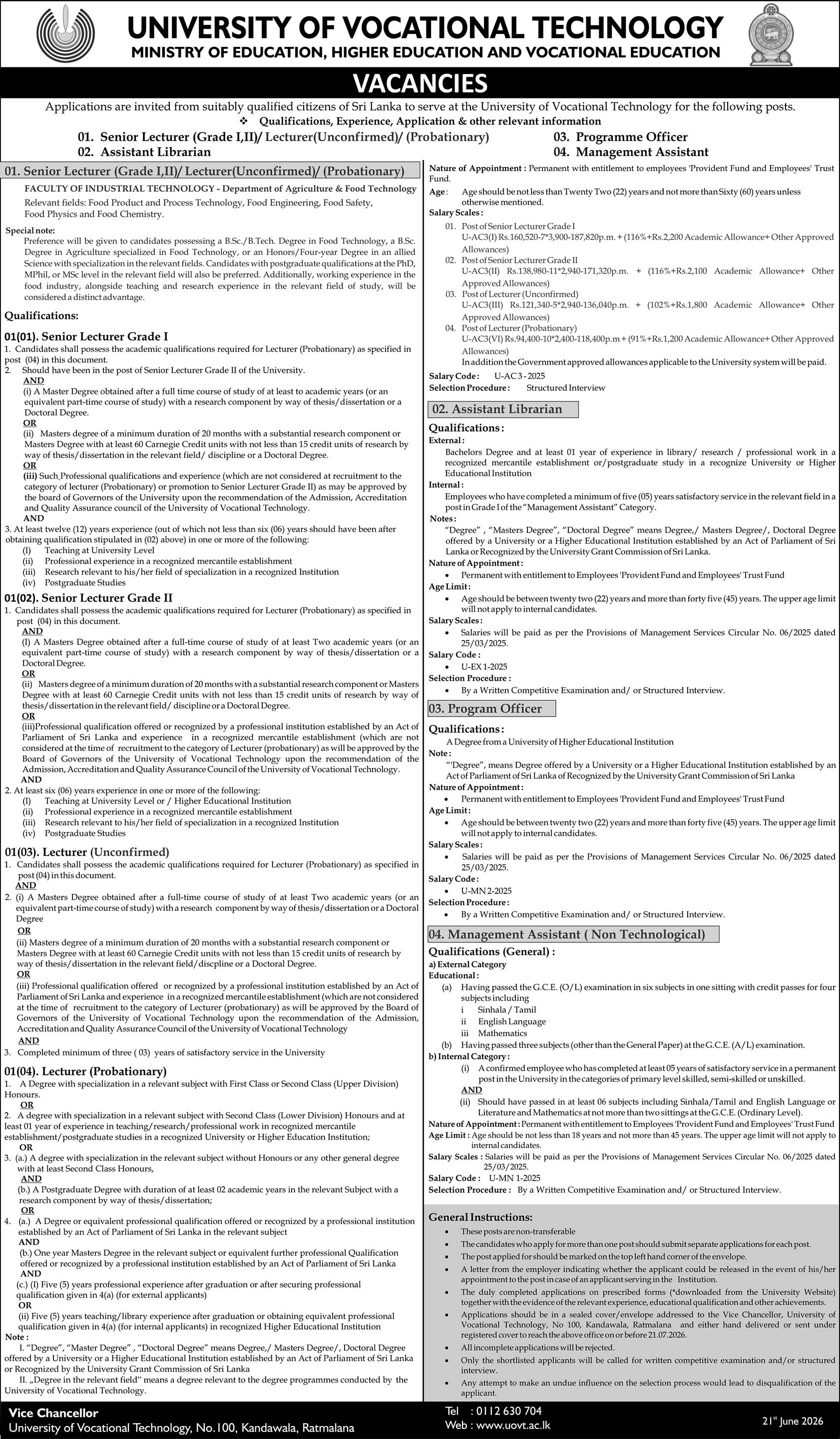 Management Assistant, Senior Lecturer, Lecturer, Assistant Librarian, Programme Officer - University of Vocational Technology