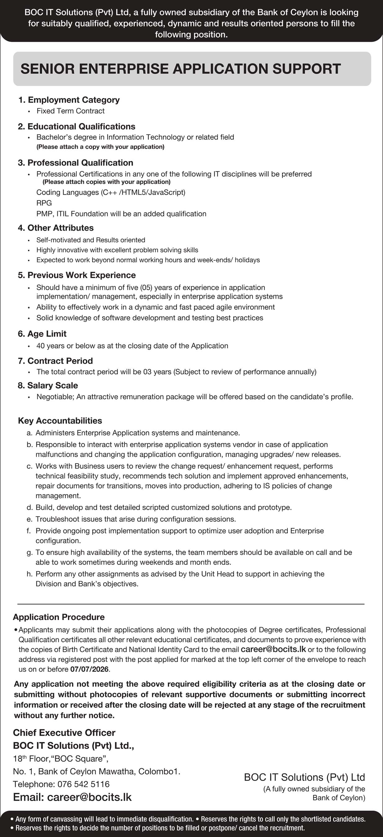 Senior Enterprise Application Support - BOC IT Solutions (PVT) LTD