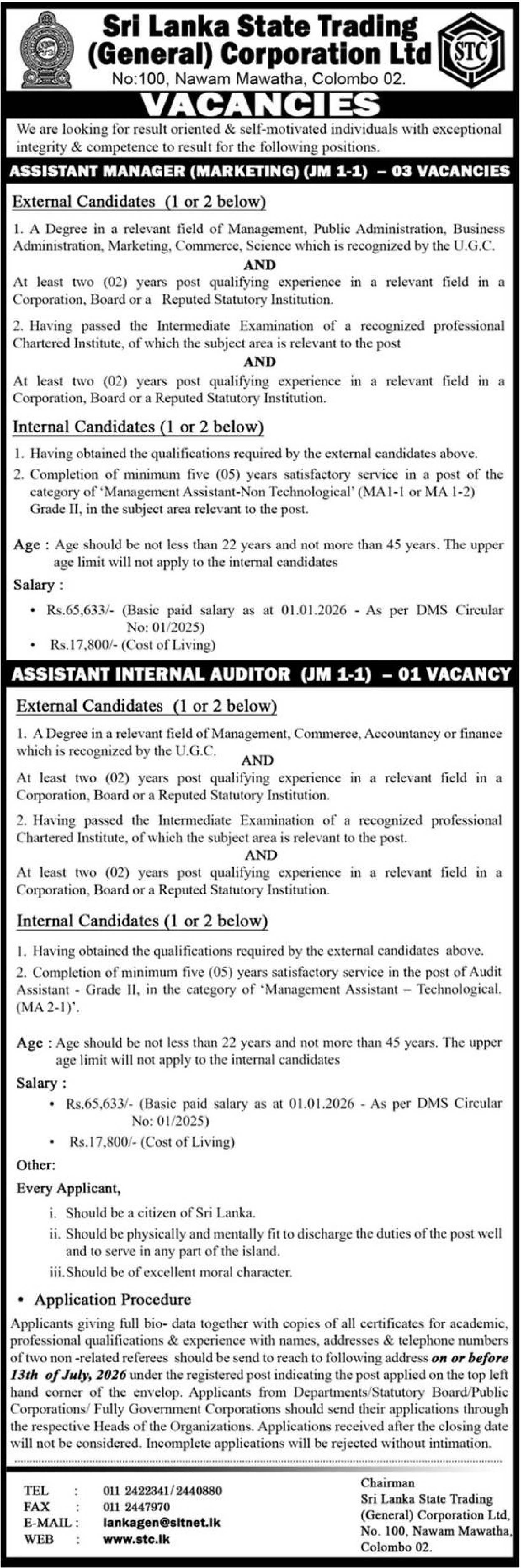 Assistant Manager (Marketing), Assistant Internal Auditor - Sri Lanka State Trading (General) Corporation Ltd