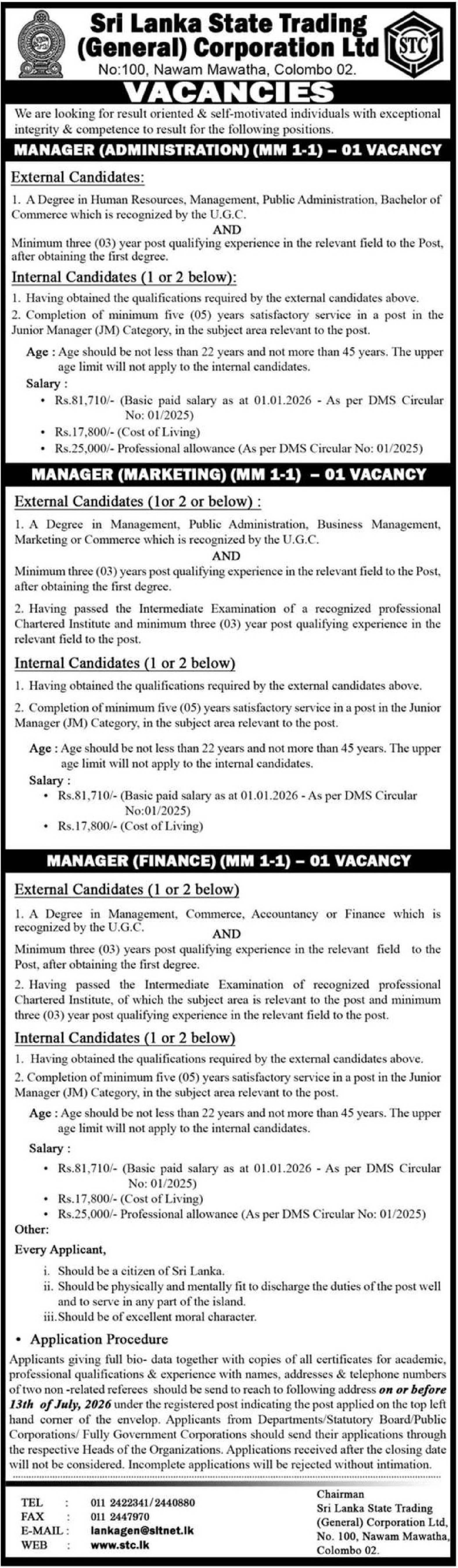 Manager (Administration, Marketing, Finance) - Sri Lanka State Trading (General) Corporation Ltd
