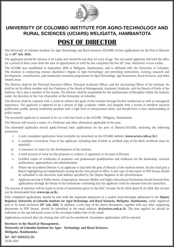 Director - Institute for Agro Technology & Rural Sciences - University of Colombo