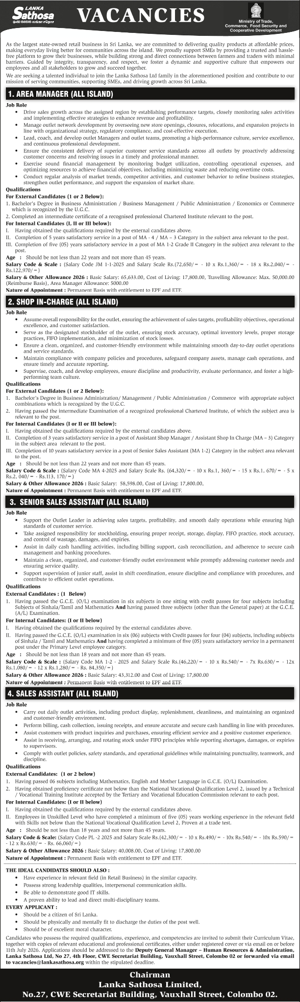 Area Manager, Shop in Charge, Senior Sales Assistant, Sales Assistant - Lanka Sathosa Limited
