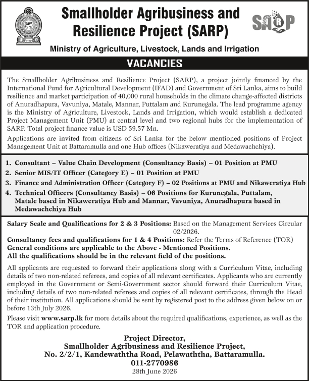 Consultant, Senior MIS/IT Officer, Finance & Administration Officer, Technical Officer - Smallholder Agribusiness & Resilience Project - Ministry of Agriculture, Livestock, Lands & Irrigation