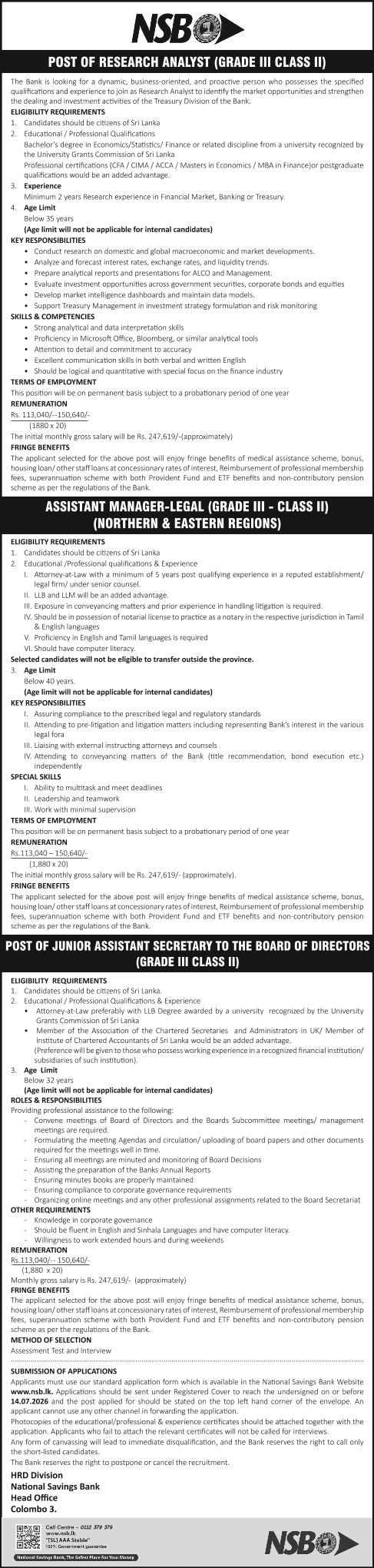Research Analyst, Assistant Manager, Junior Assistant Secretary - National Savings Bank