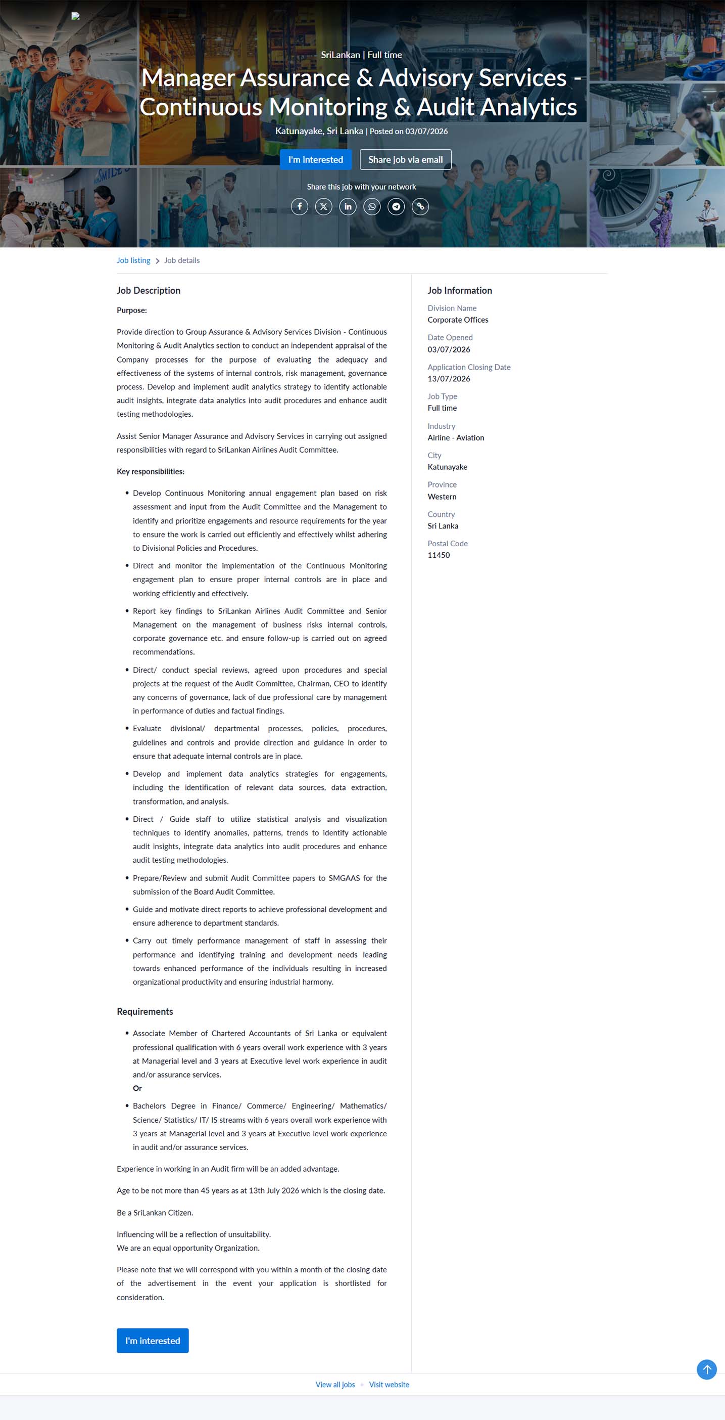 Manager (Assurance & Advisory Services - Continuous Monitoring & Audit Analytics) - SriLankan Airlines Limited