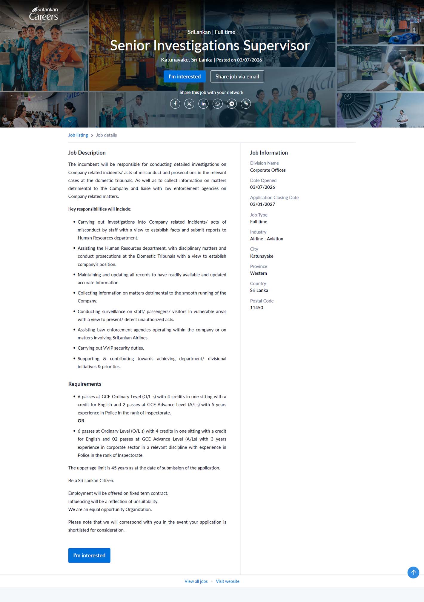 Senior Investigations Supervisor - SriLankan Airlines Limited