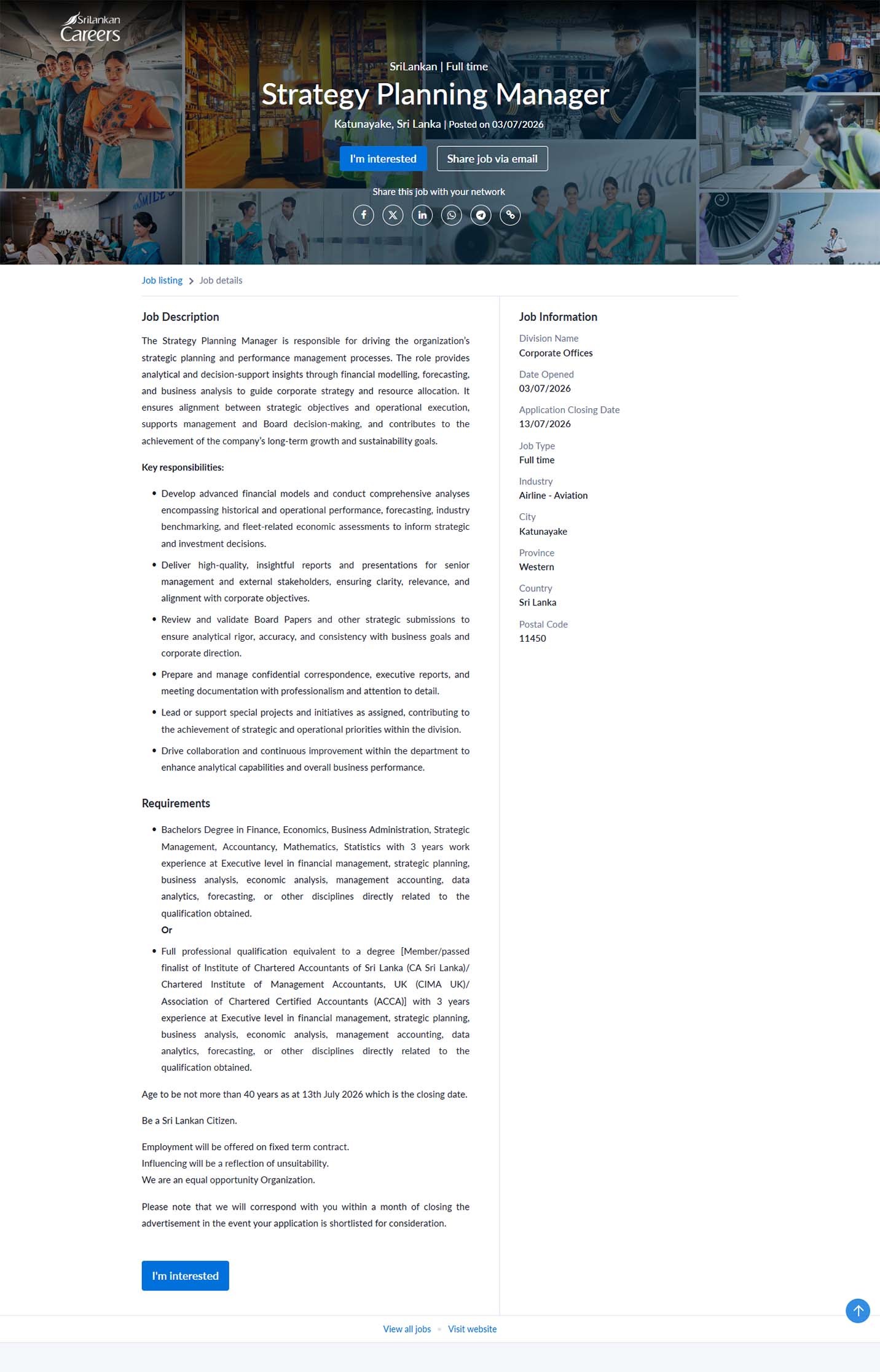Strategy Planning Manager - SriLankan Airlines Limited