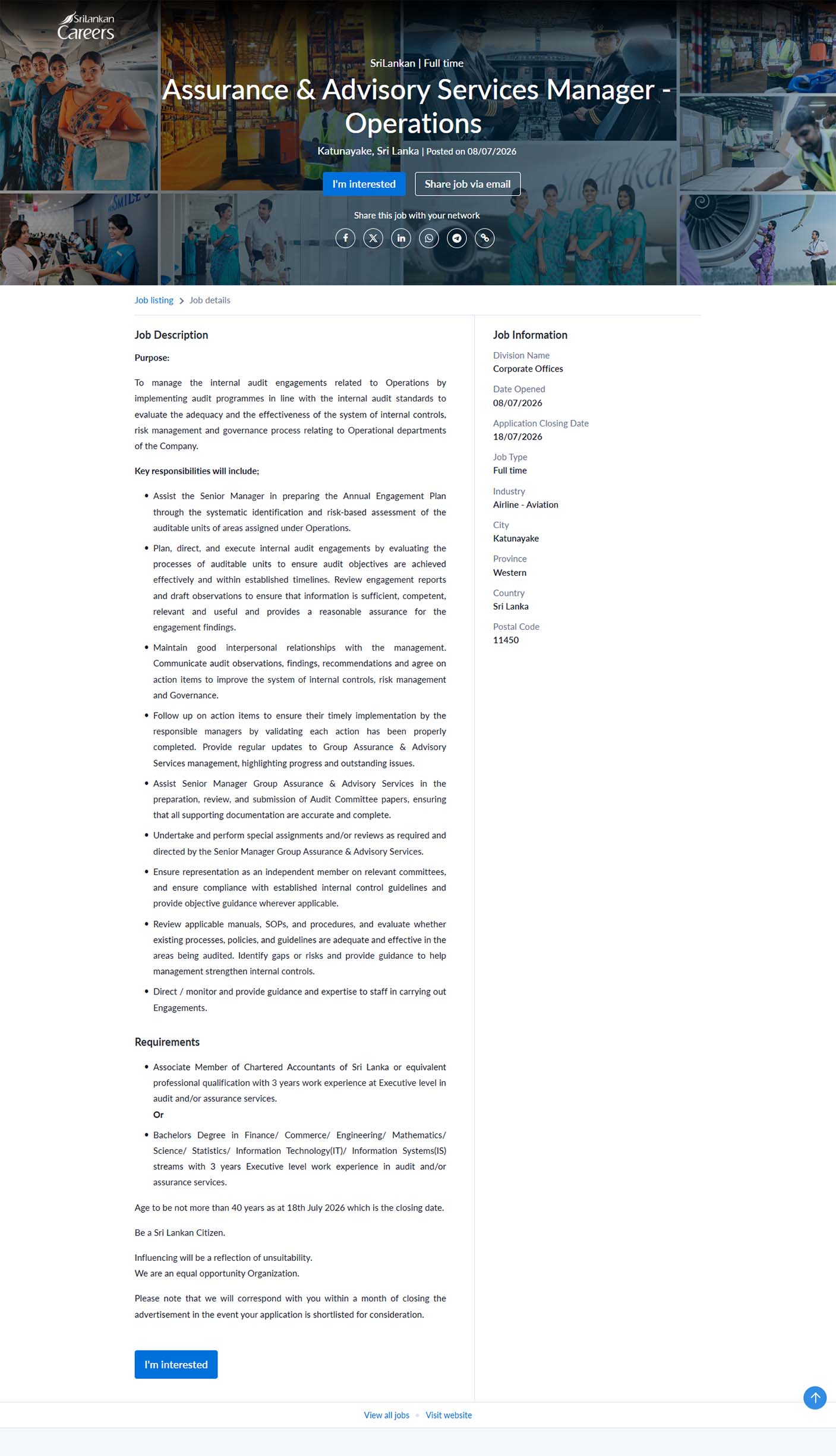 Assurance & Advisory Services Manager (Operations) - SriLankan Airlines Limited