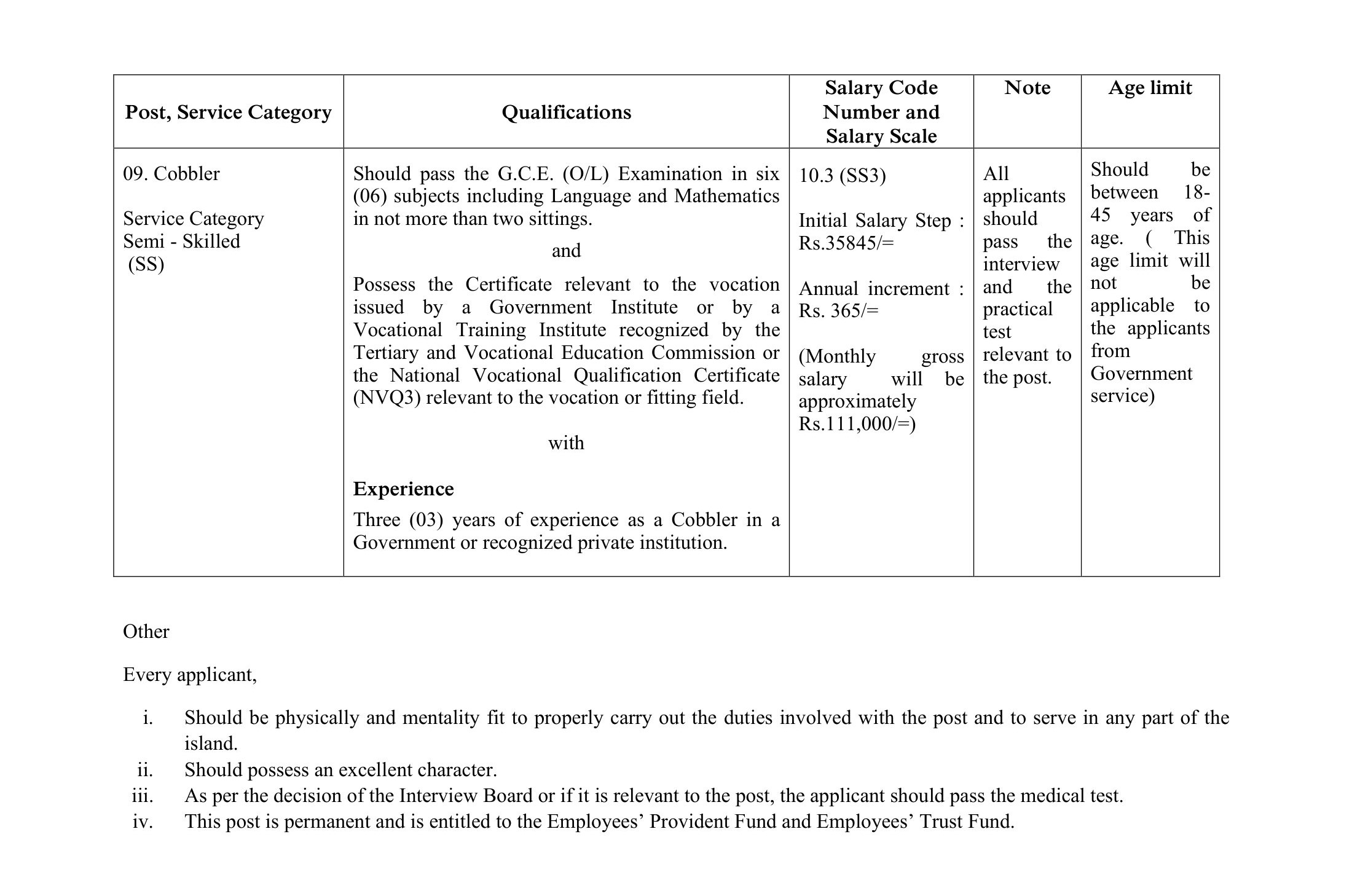 Marine Fitter, Diesel Fitter, Welder, Aluminum Fabricator, Blacksmith, Moulder, Cushion Worker, Pattern Maker, Cobbler - Sri Lanka Ports Authority