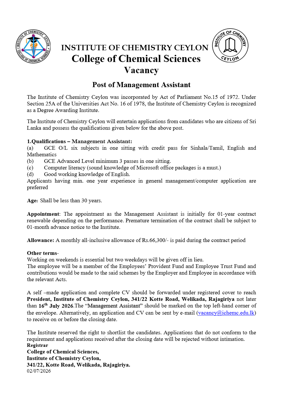 Management Assistant - Institute of Chemistry Ceylon