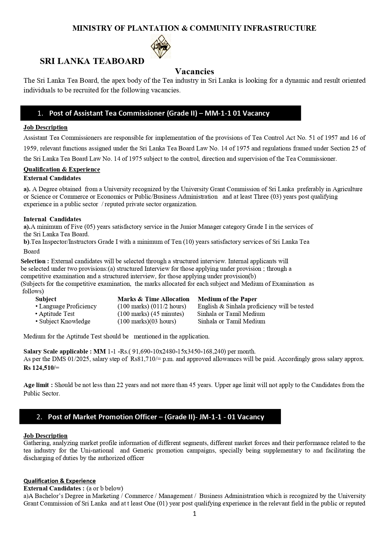 Assistant Tea Commissioner, Market Promotion Officer, Tea Inspector/Instructor, Personal Assistant - Sri Lanka Tea Board