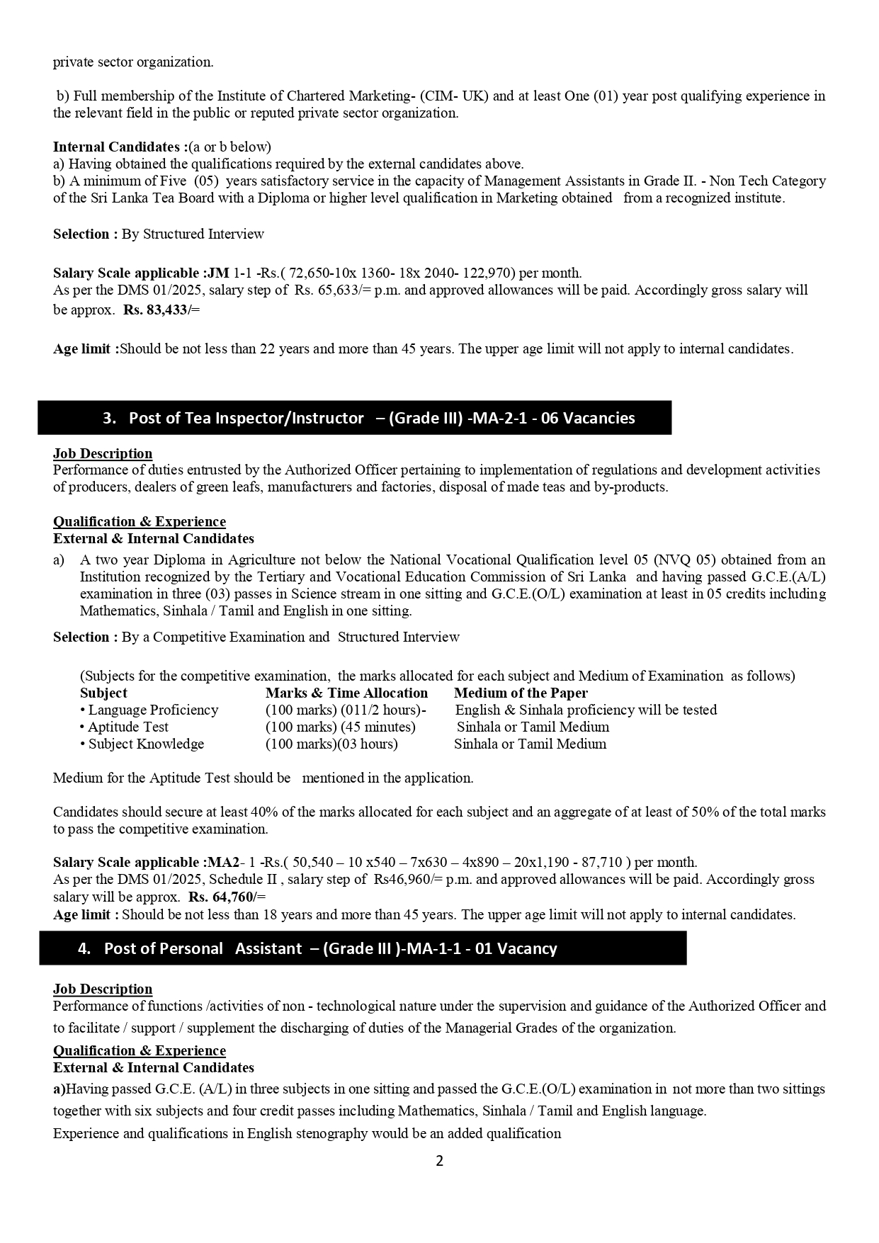 Assistant Tea Commissioner, Market Promotion Officer, Tea Inspector/Instructor, Personal Assistant - Sri Lanka Tea Board