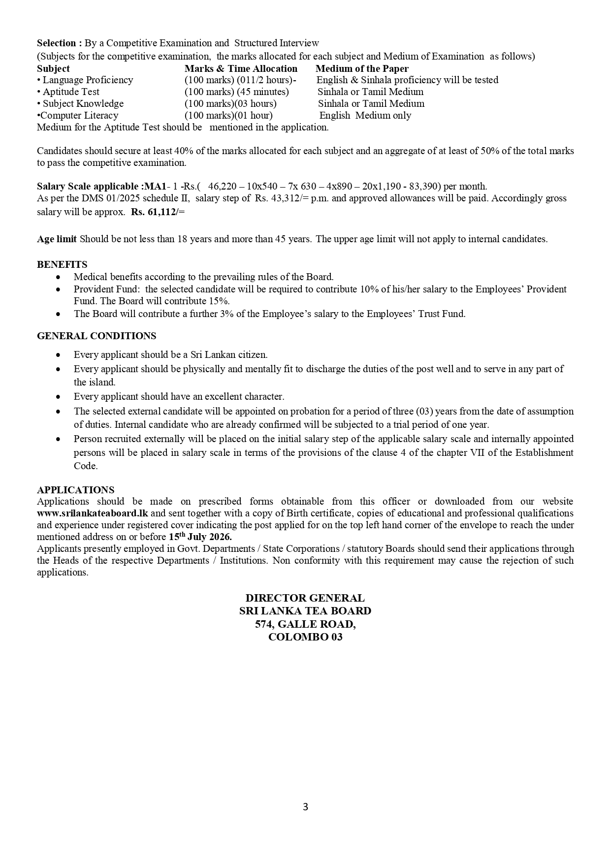 Assistant Tea Commissioner, Market Promotion Officer, Tea Inspector/Instructor, Personal Assistant - Sri Lanka Tea Board