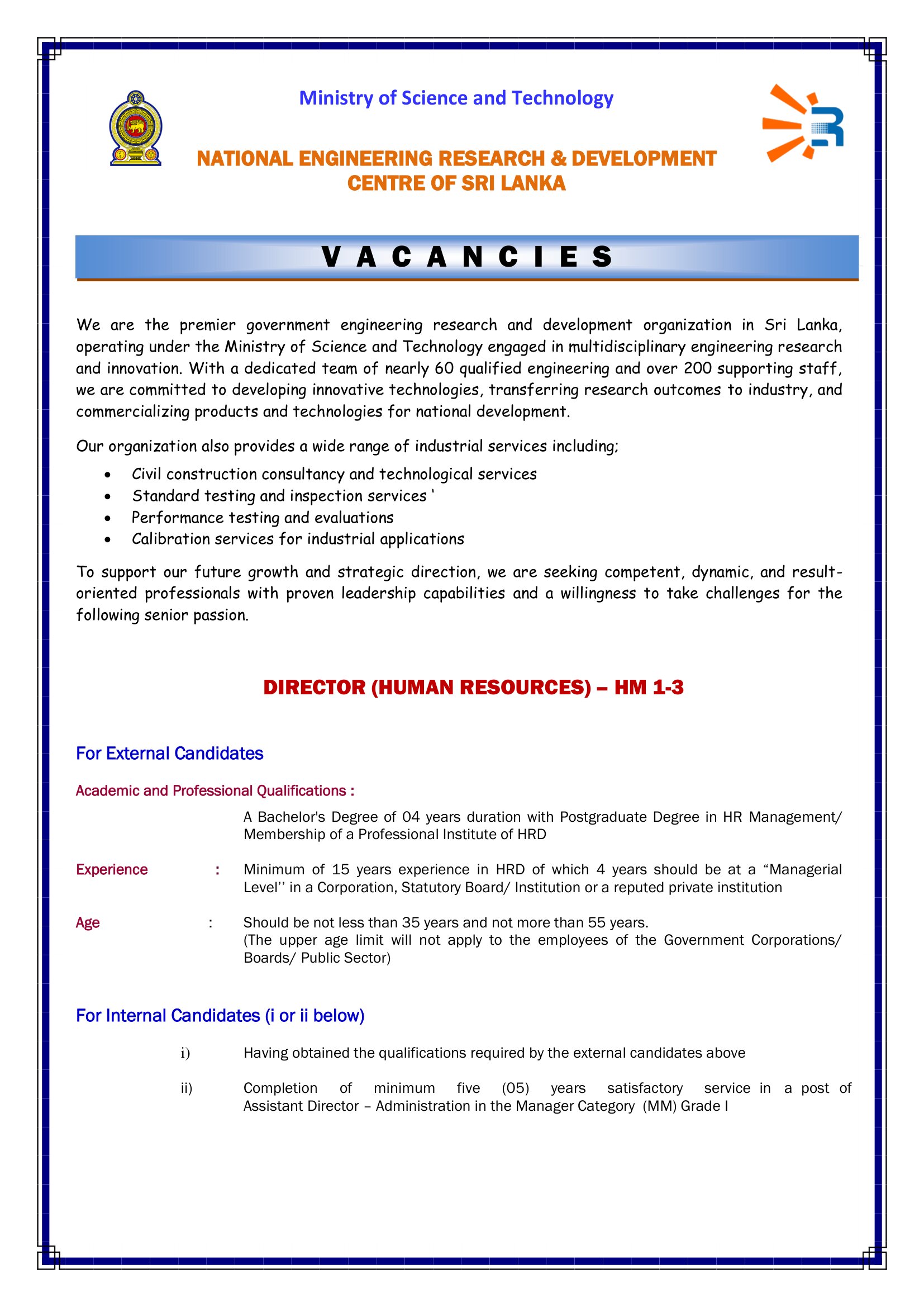 Director (Human Resources), Assistant Director (Administration), Deputy Director General (Research & Development) - National Engineering Research & Development Centre of Sri Lanka