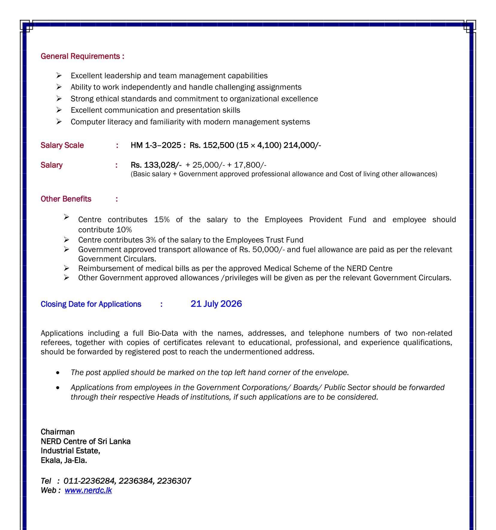 Director (Human Resources), Assistant Director (Administration), Deputy Director General (Research & Development) - National Engineering Research & Development Centre of Sri Lanka