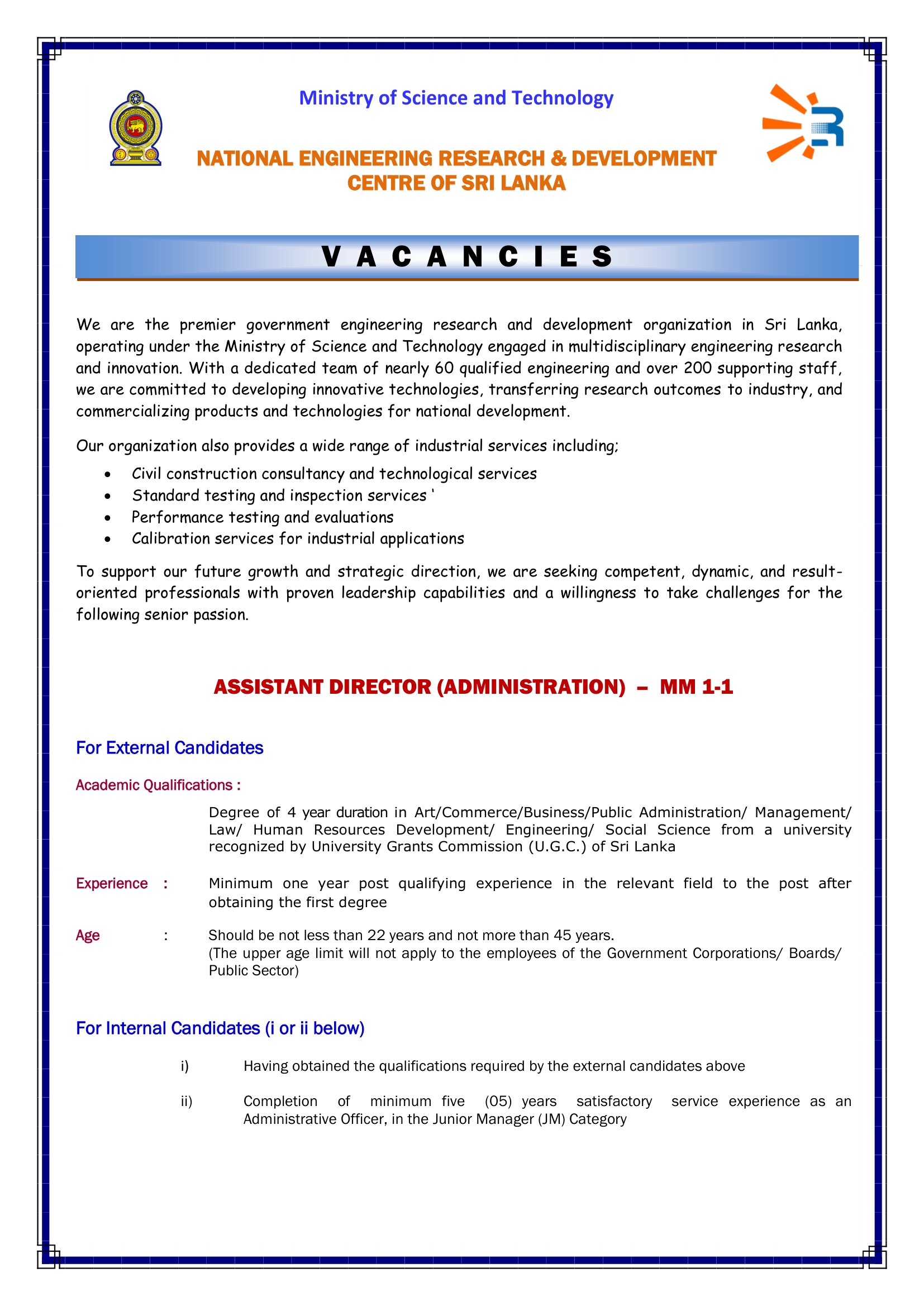 Director (Human Resources), Assistant Director (Administration), Deputy Director General (Research & Development) - National Engineering Research & Development Centre of Sri Lanka