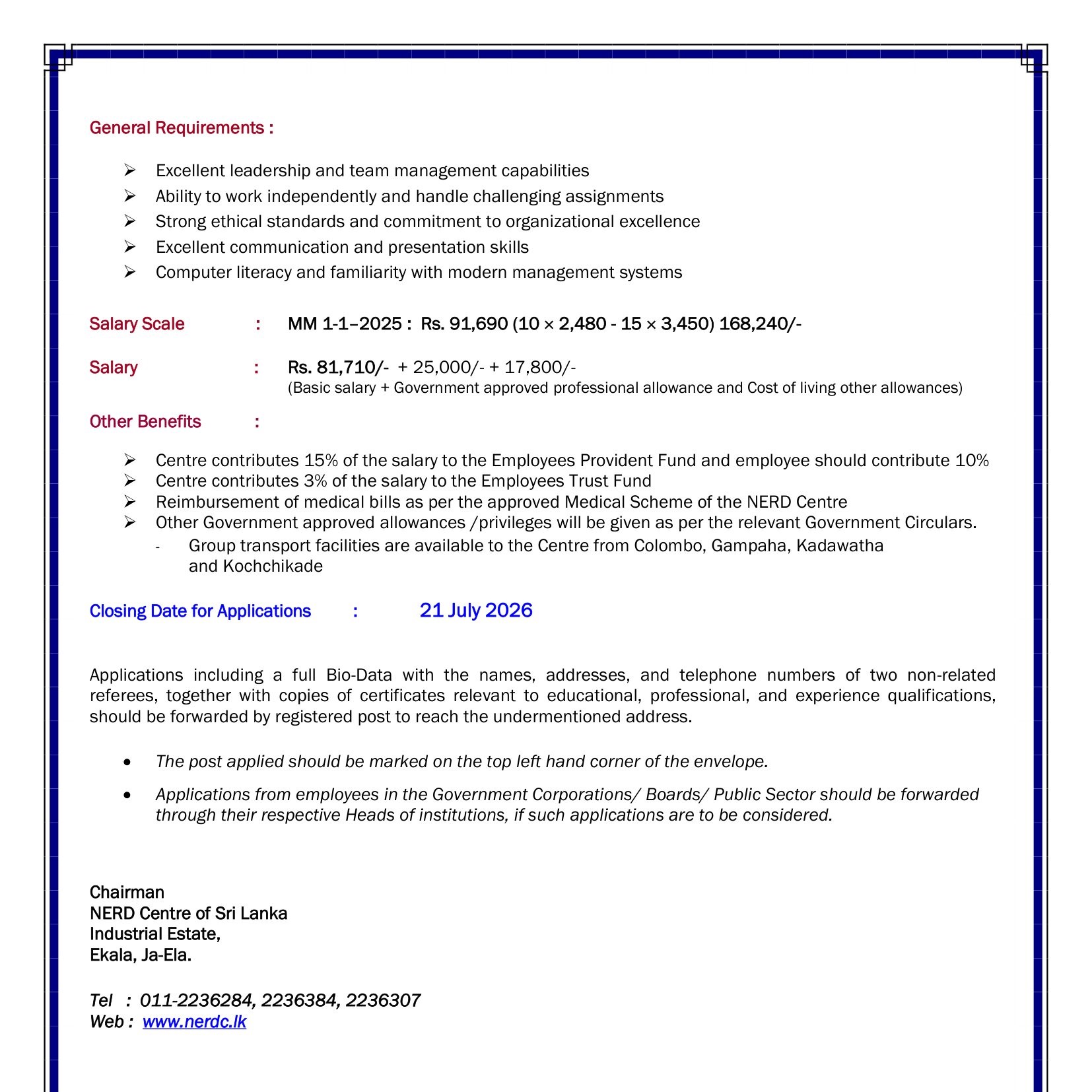 Director (Human Resources), Assistant Director (Administration), Deputy Director General (Research & Development) - National Engineering Research & Development Centre of Sri Lanka