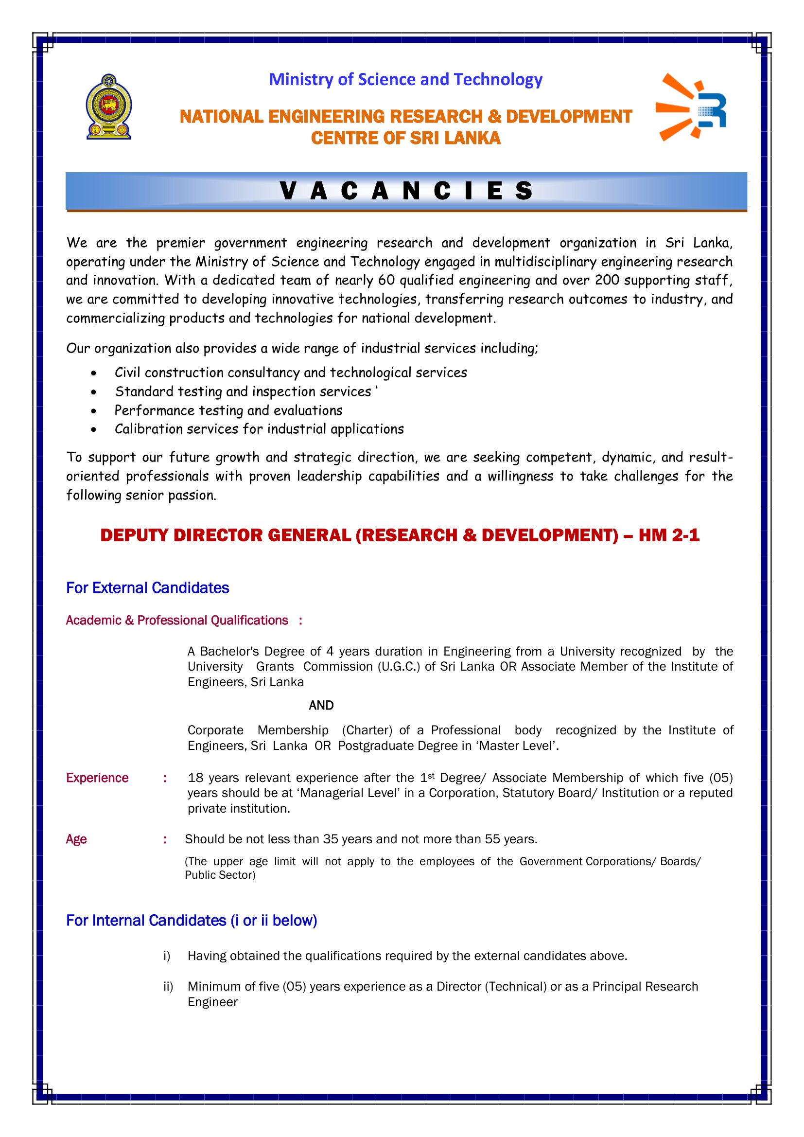 Director (Human Resources), Assistant Director (Administration), Deputy Director General (Research & Development) - National Engineering Research & Development Centre of Sri Lanka
