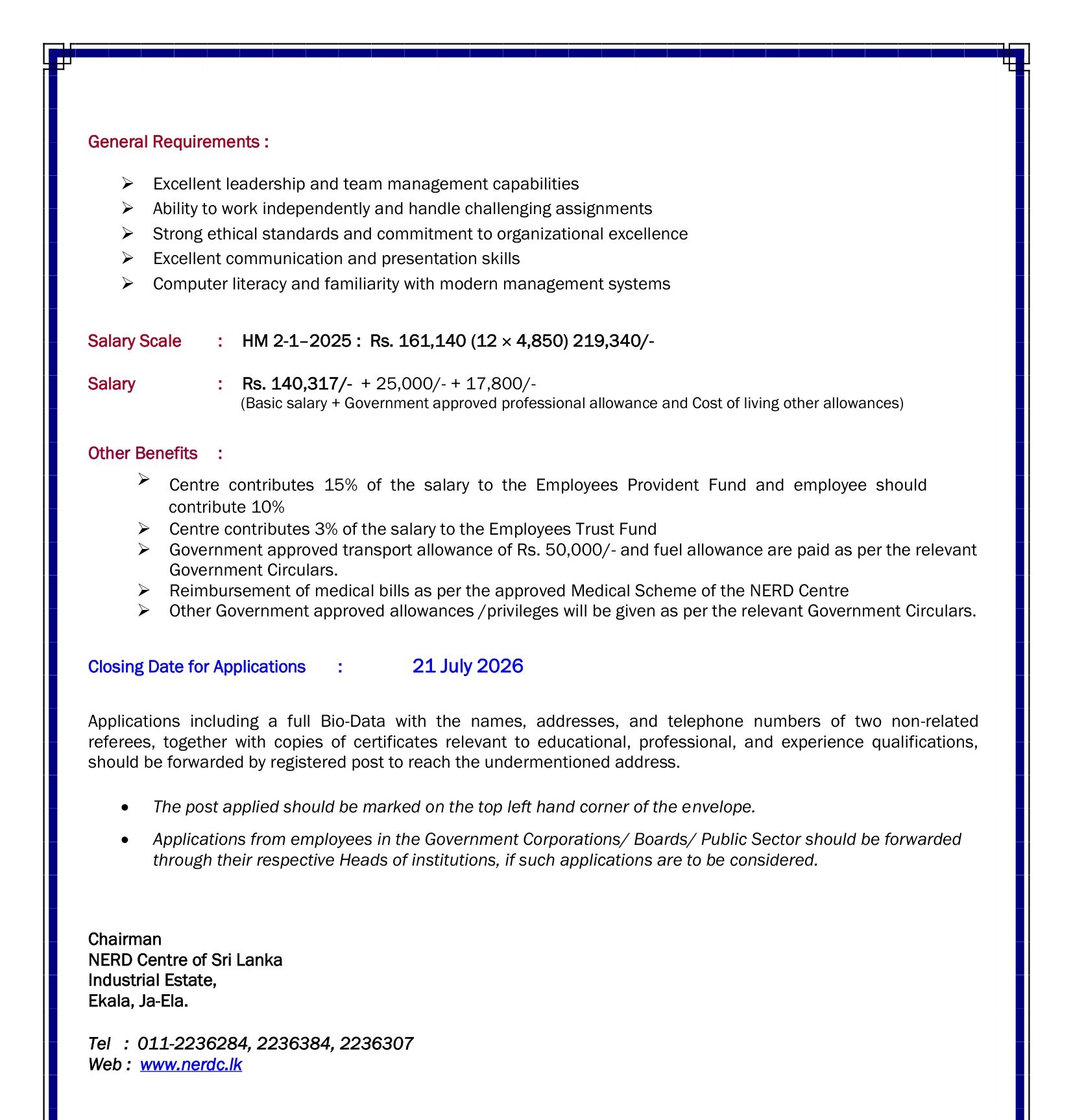 Director (Human Resources), Assistant Director (Administration), Deputy Director General (Research & Development) - National Engineering Research & Development Centre of Sri Lanka