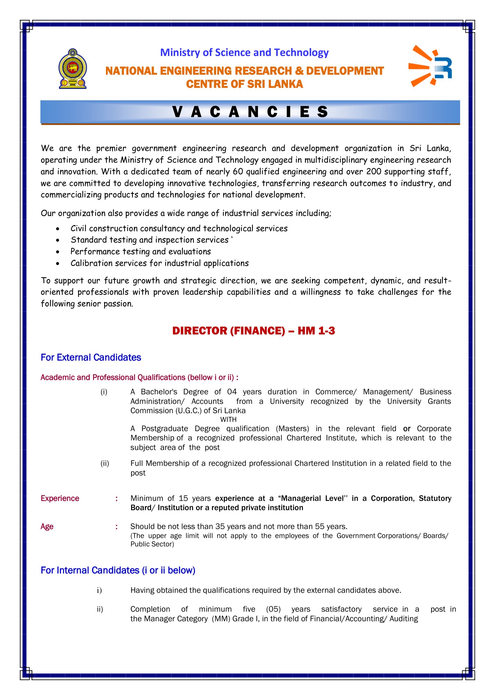 Director (Finance) - National Engineering Research & Development Centre of Sri Lanka