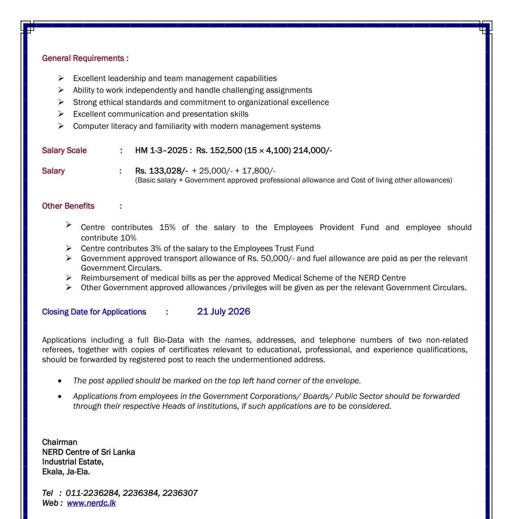 Director (Finance) - National Engineering Research & Development Centre of Sri Lanka