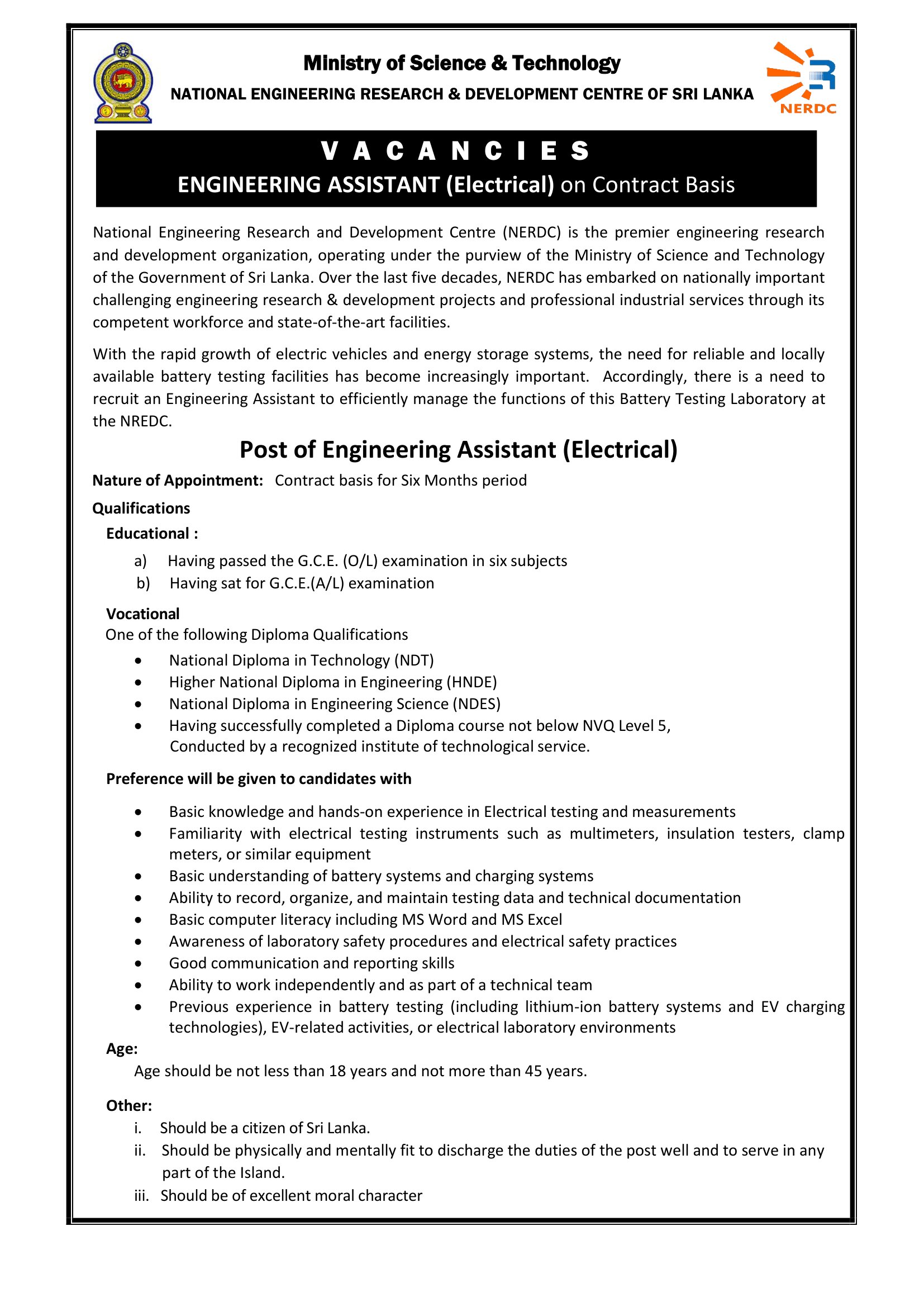 Engineering Assistant (Electrical) - National Engineering Research & Development Centre of Sri Lanka