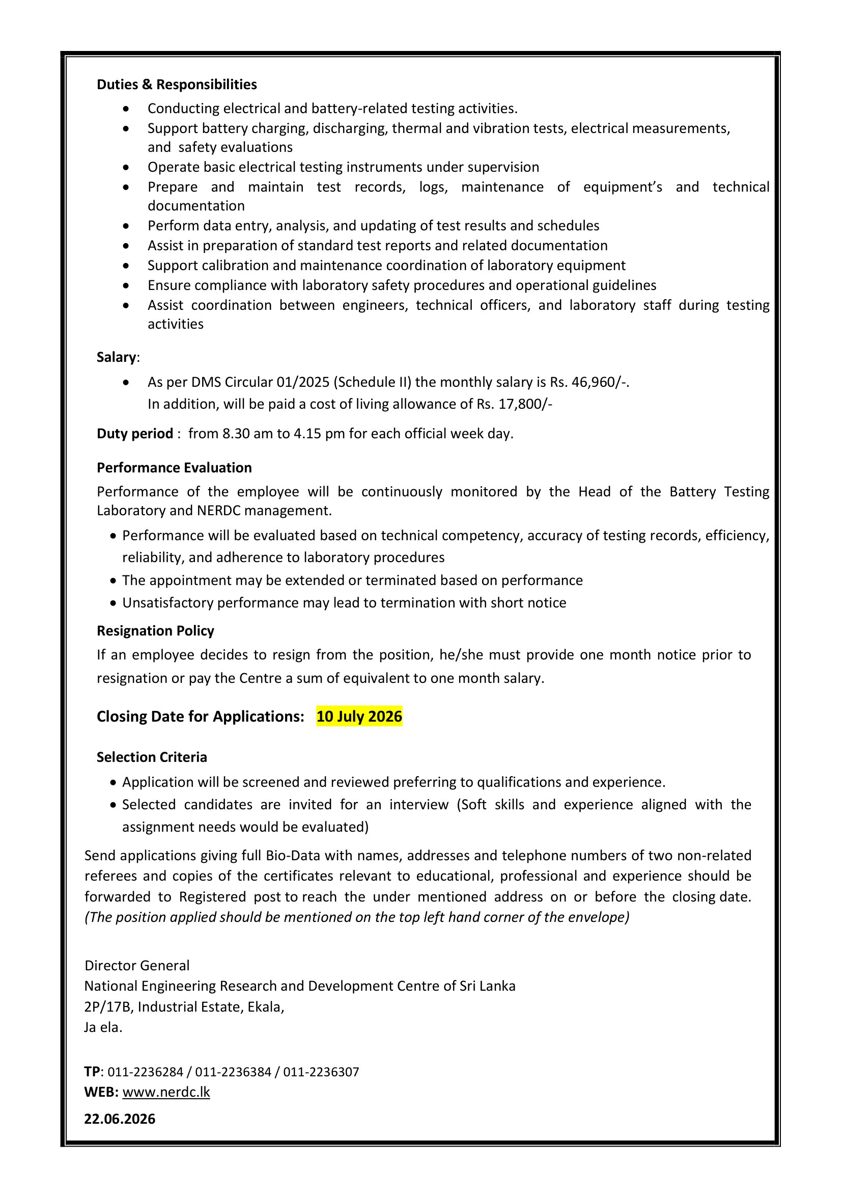 Engineering Assistant (Electrical) - National Engineering Research & Development Centre of Sri Lanka