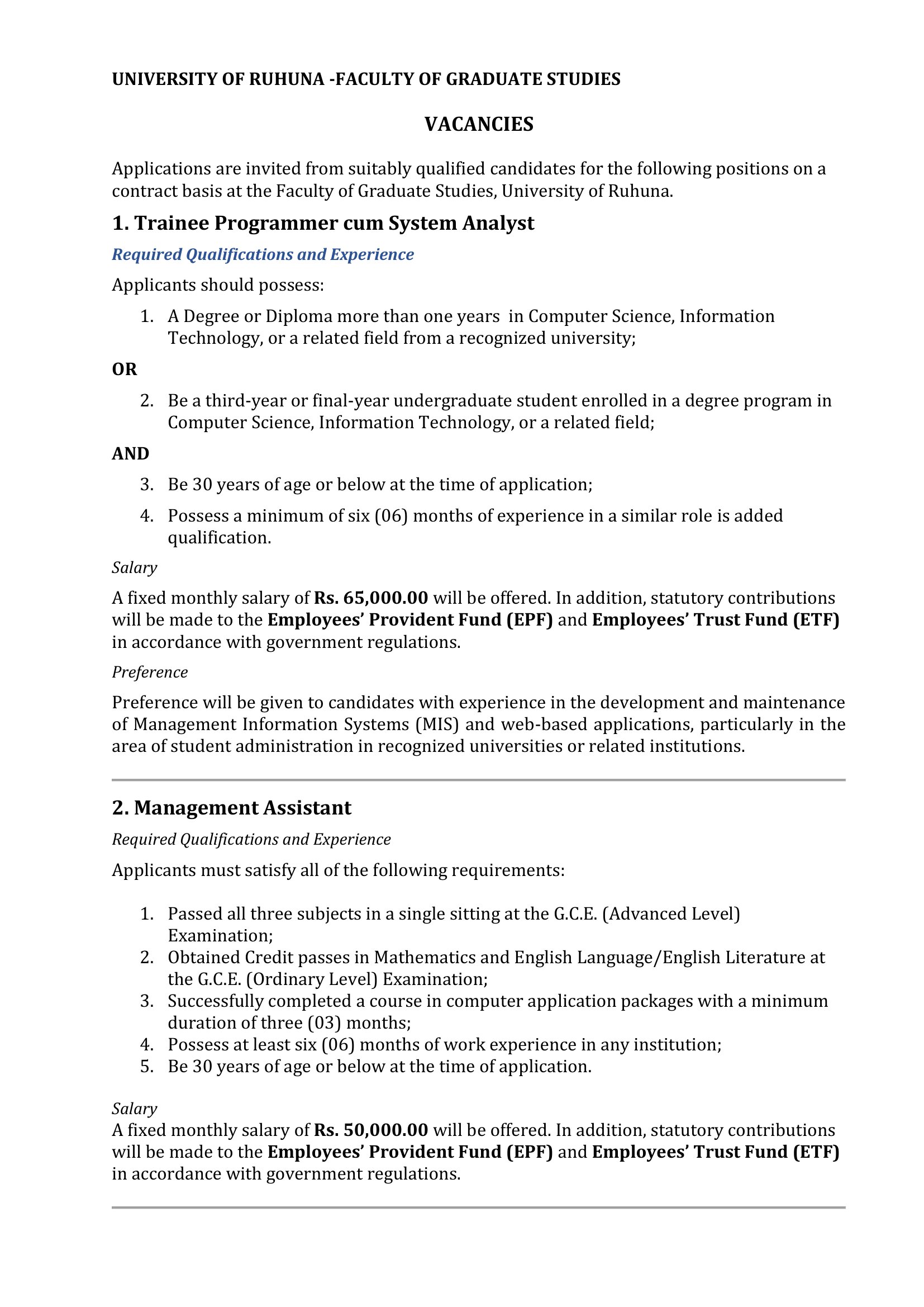 Management Assistant, Trainee System Analyst - University of Ruhuna