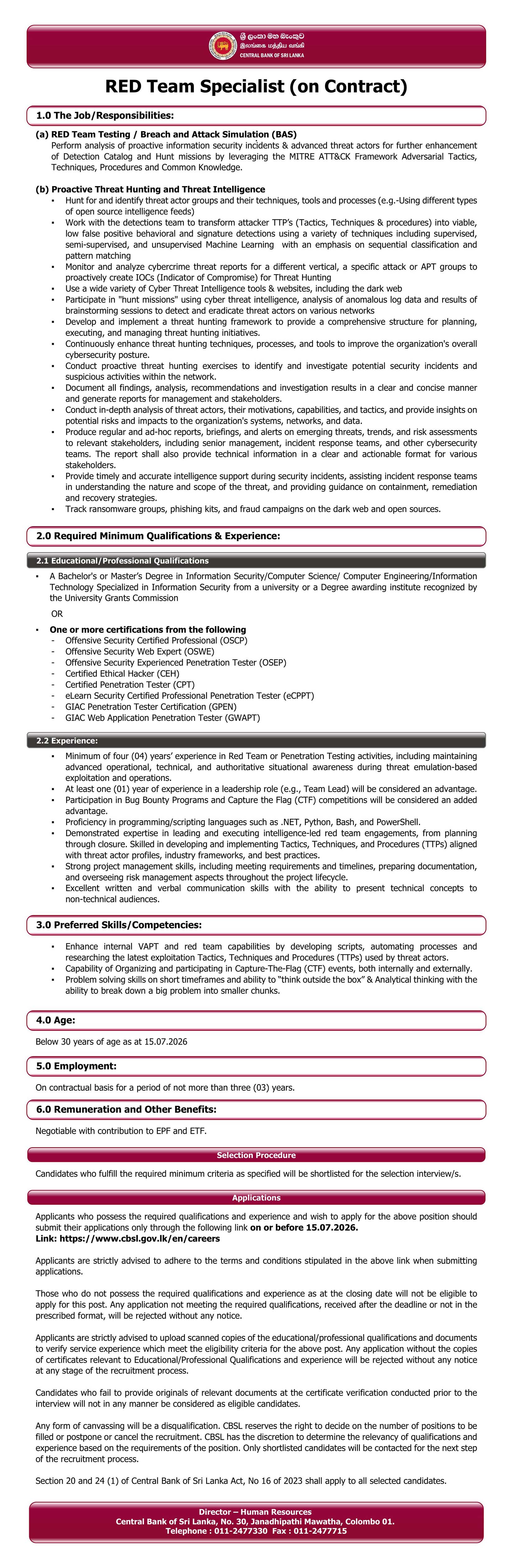 RED Team Specialist - Central Bank of Sri Lanka