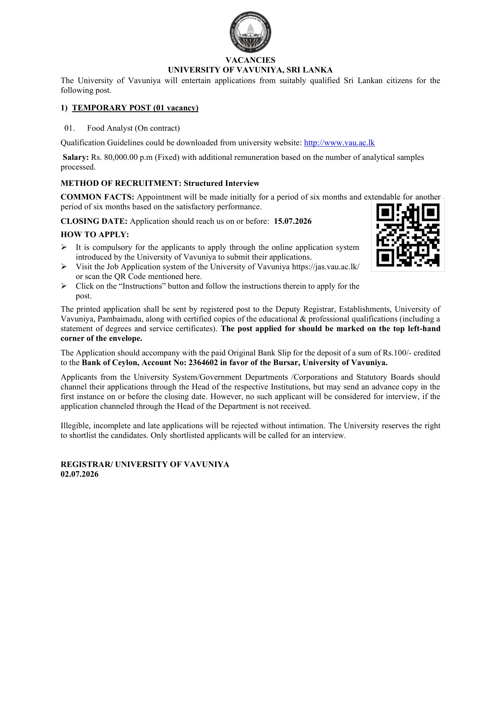 Food Analyst - University of Vavuniya