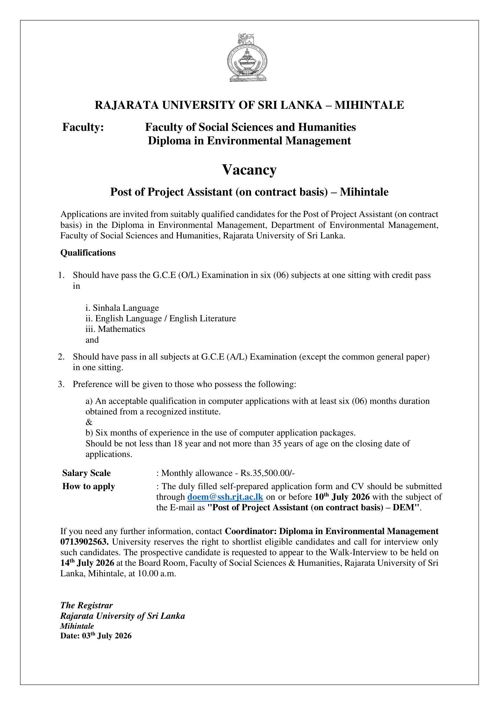 Project Assistant - Rajarata University of Sri Lanka